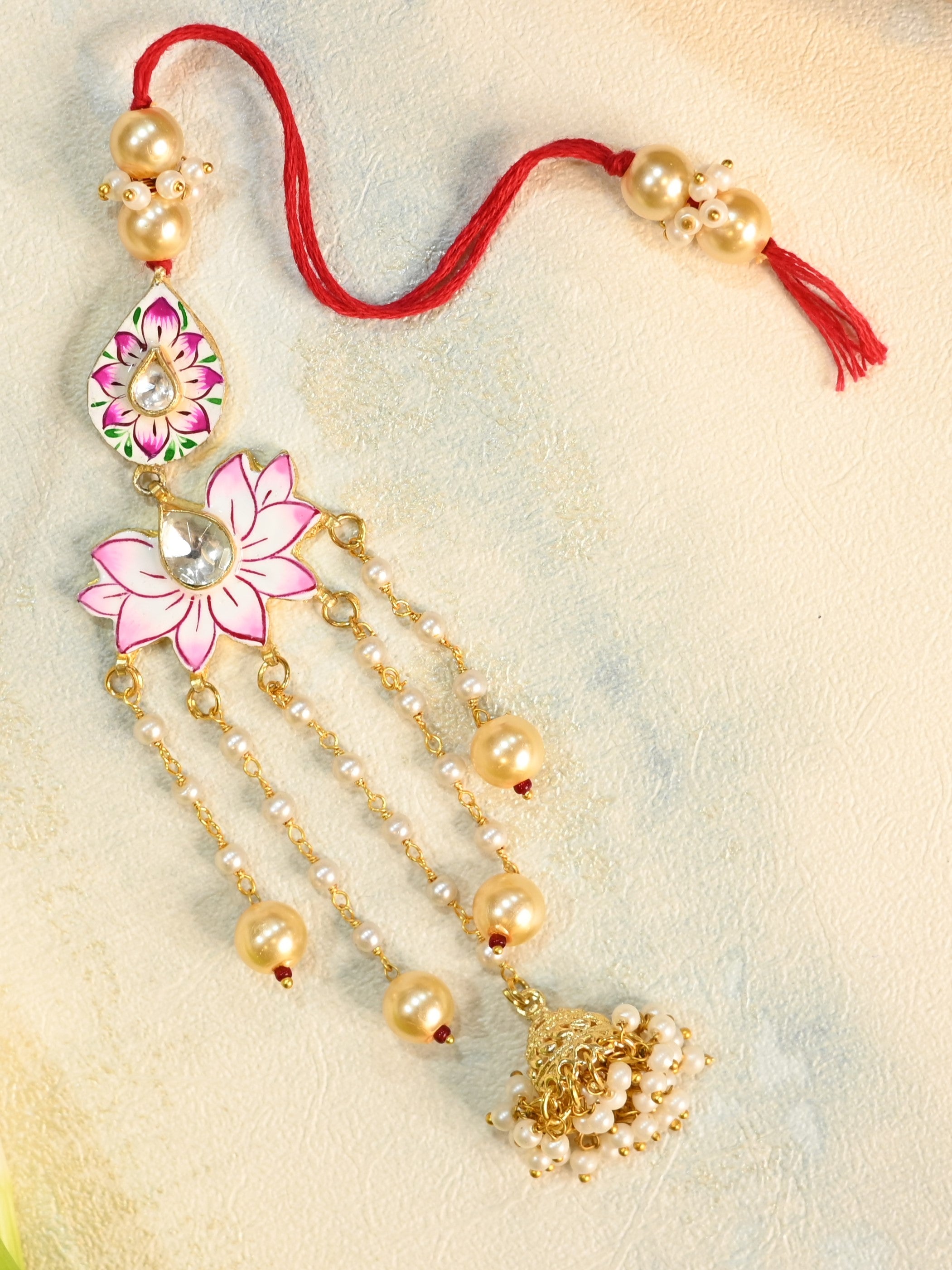 SJRB1018- Pink Colour Gold Plated Jadau Kundan Meenakari Thread Rakhi