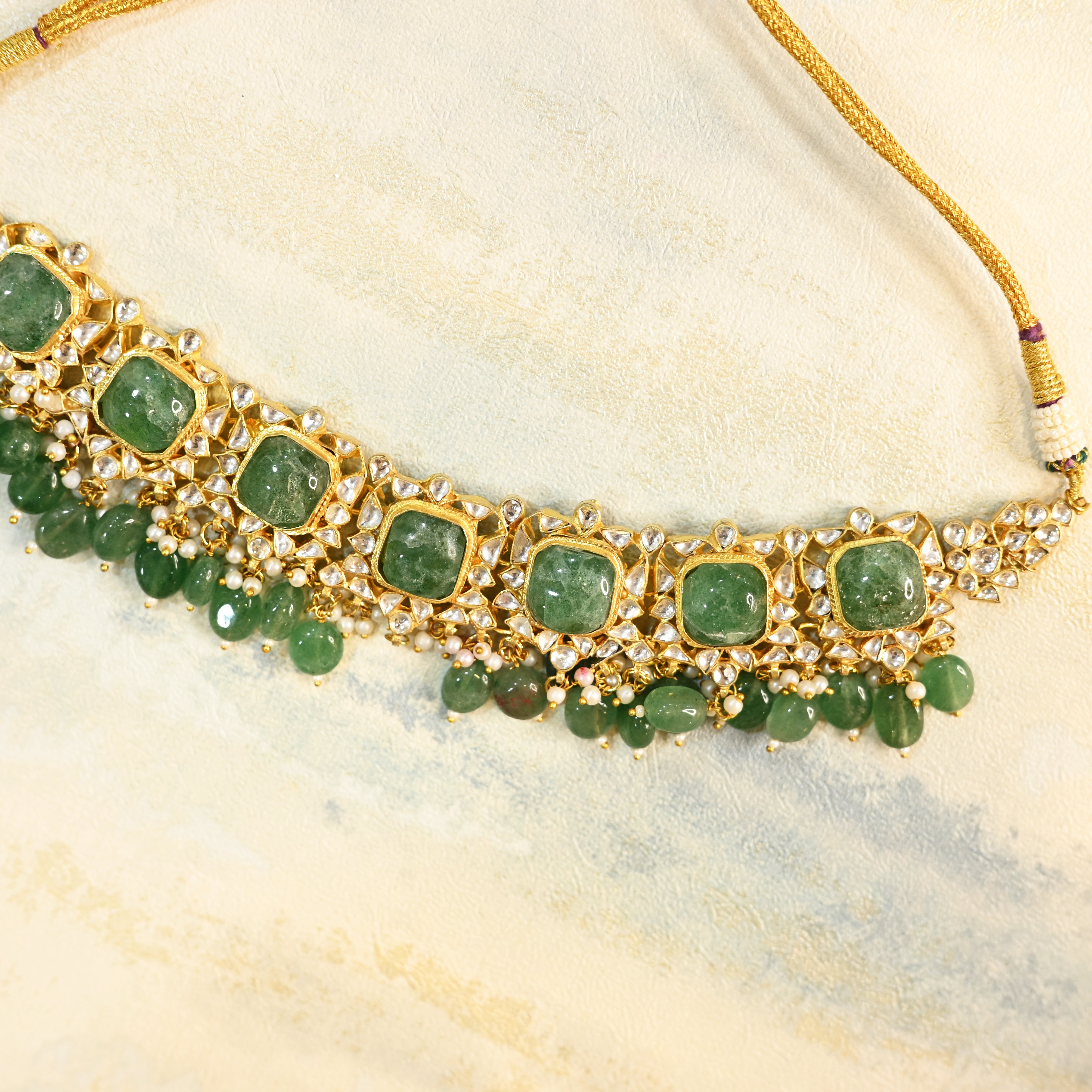 SJN1071- Green and White Colour Gold Plated Jadau Kundan Necklace Set with Tika