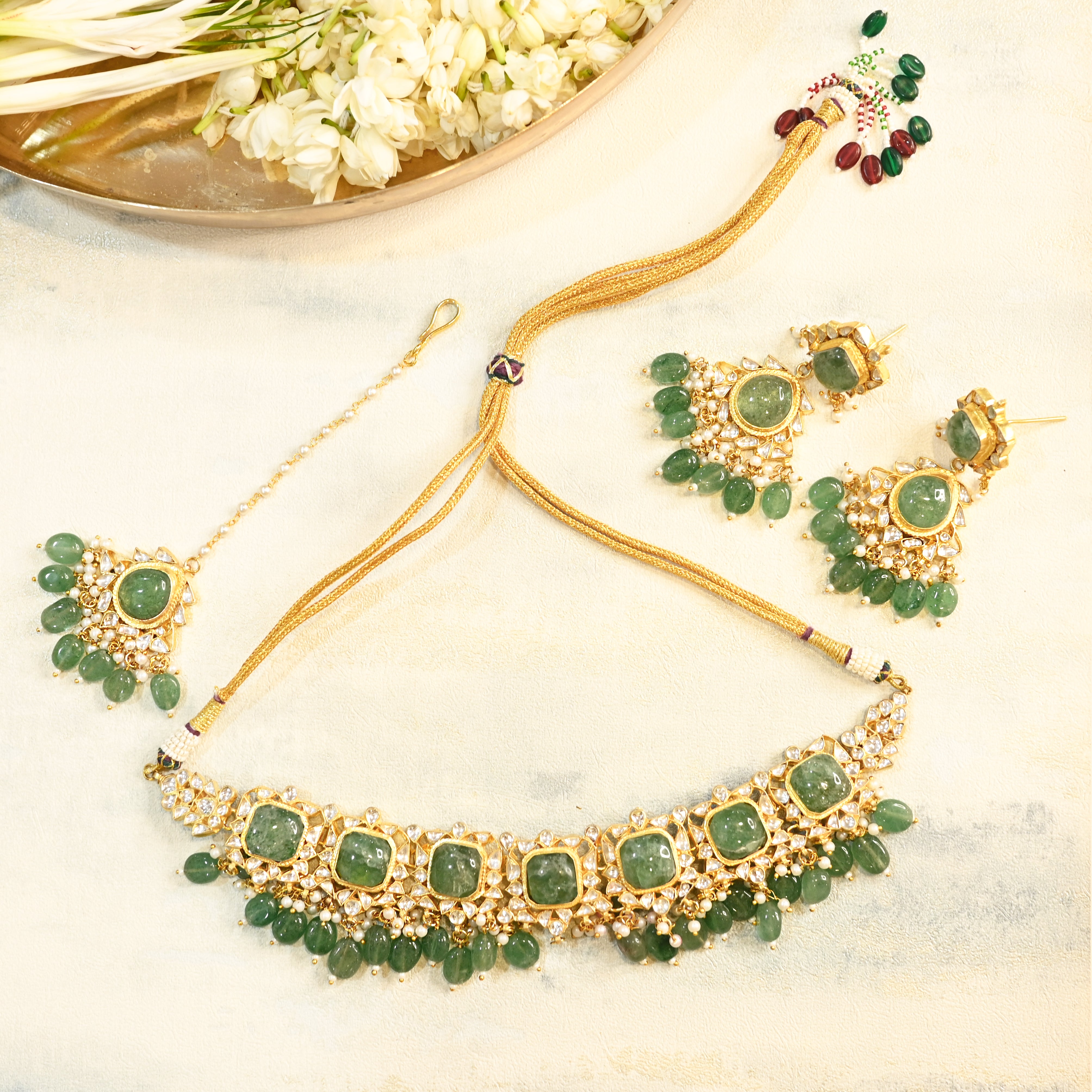 SJN1071- Green and White Colour Gold Plated Jadau Kundan Necklace Set with Tika