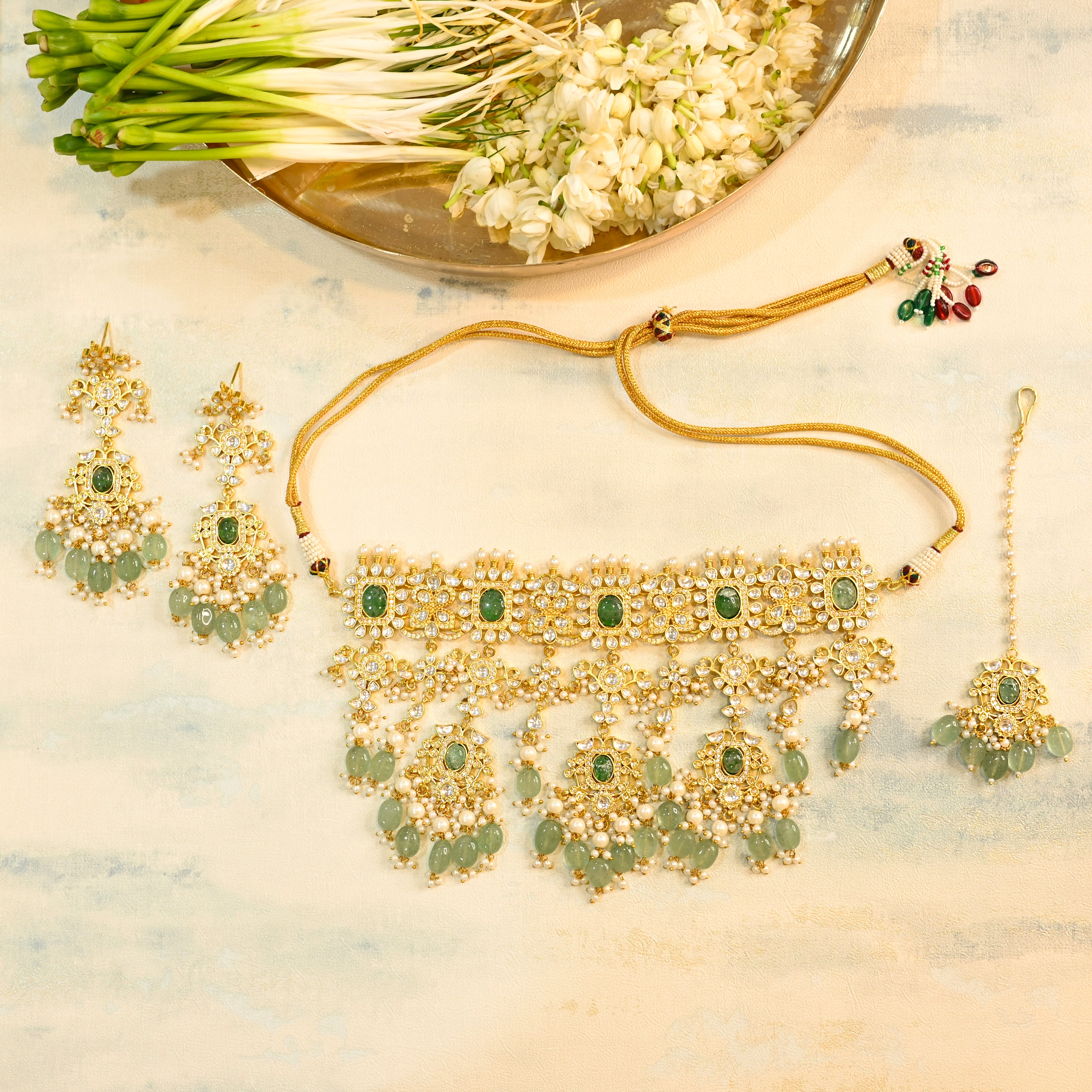 SJN1125- Green Colour Gold Plated Jadau Kundan Necklace Set with Tika