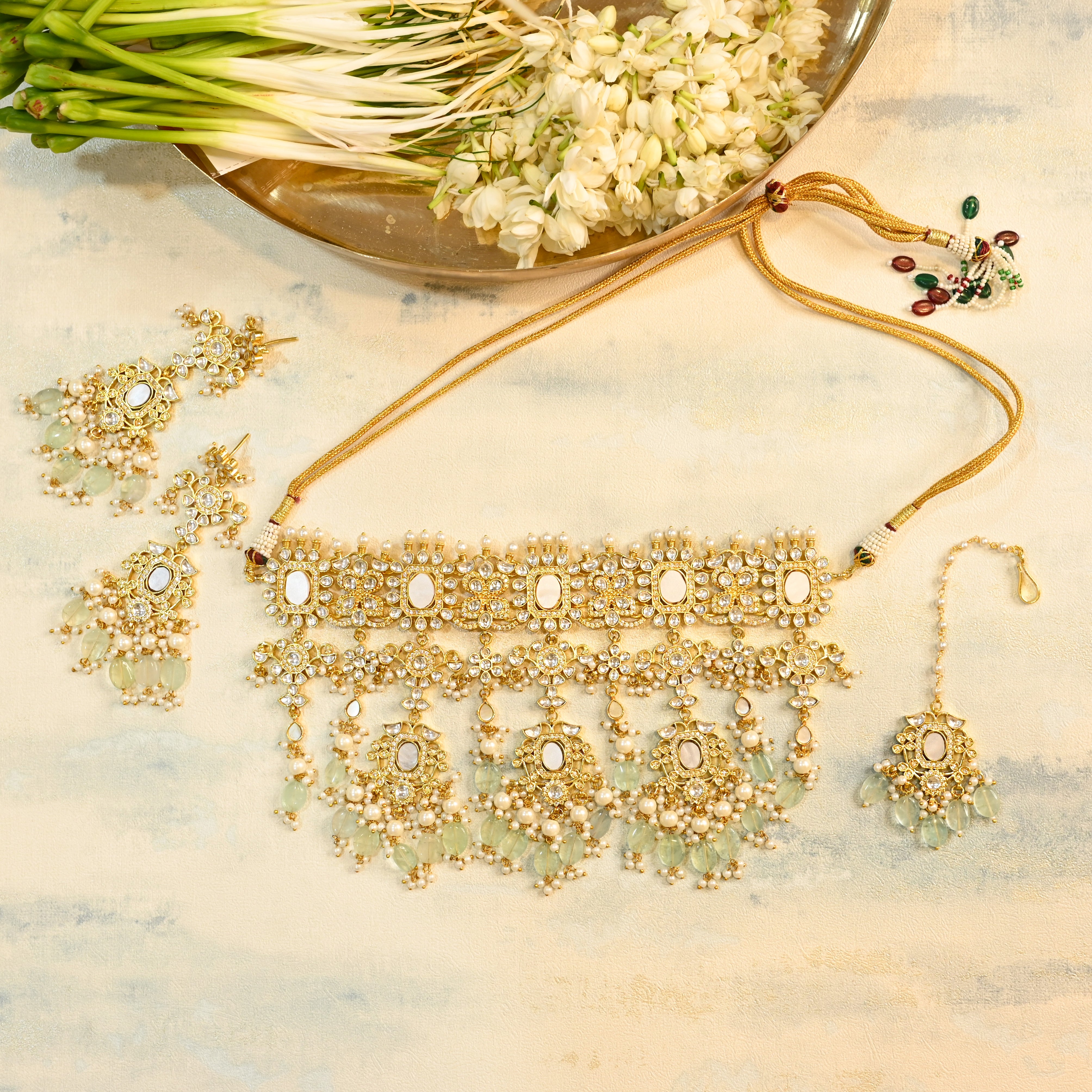 SJN1125- White Colour Gold Plated Mother of Pearl Necklace with Earrings