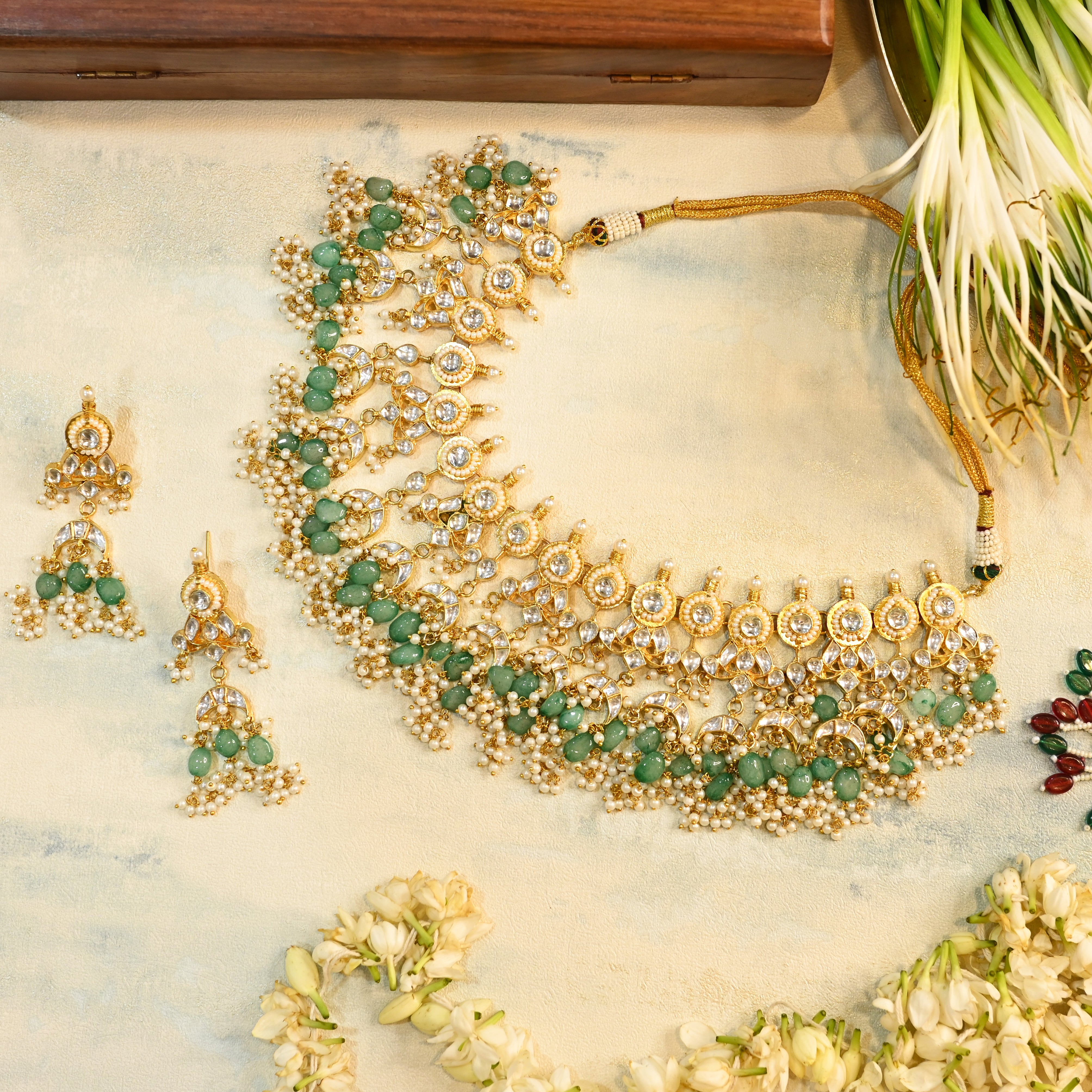 SJN1075- White Colour Gold Plated Jadau Kundan Necklace with Earrings