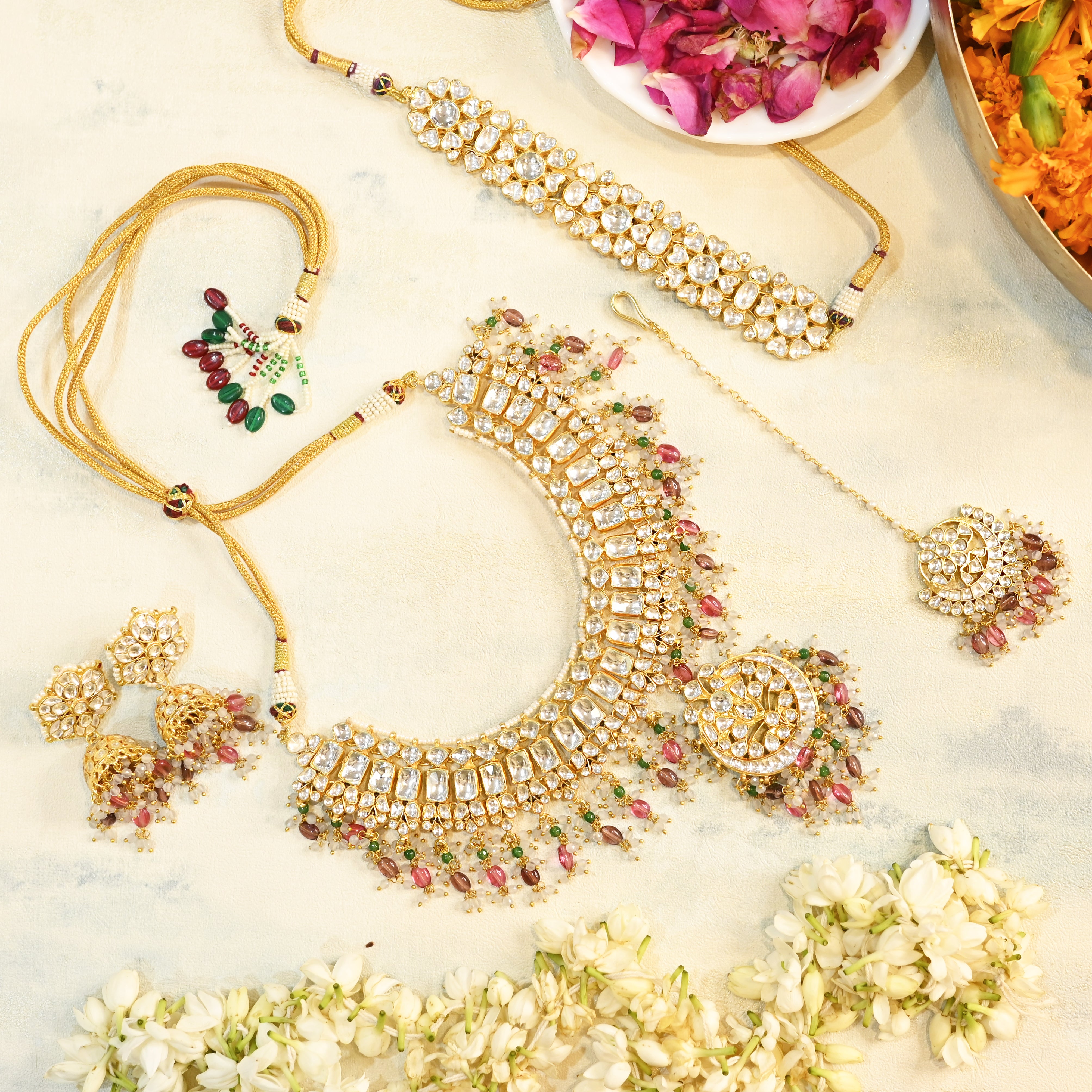 SJN1077- White Colour Gold Plated Jadau Kundan Necklace Set with Tika