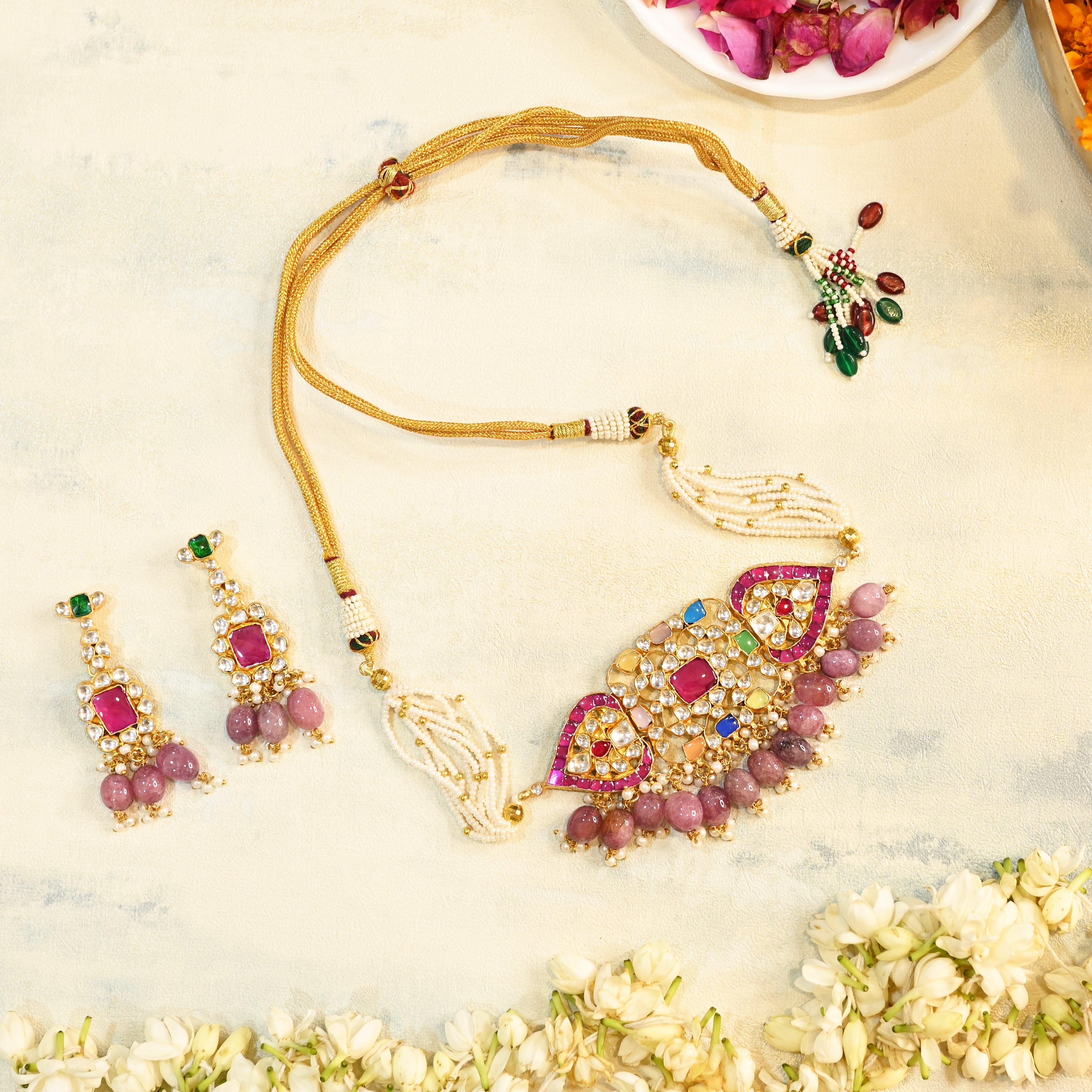 SJN1078- Multi Colour Gold Plated Jadau Kundan Choker with Earrings
