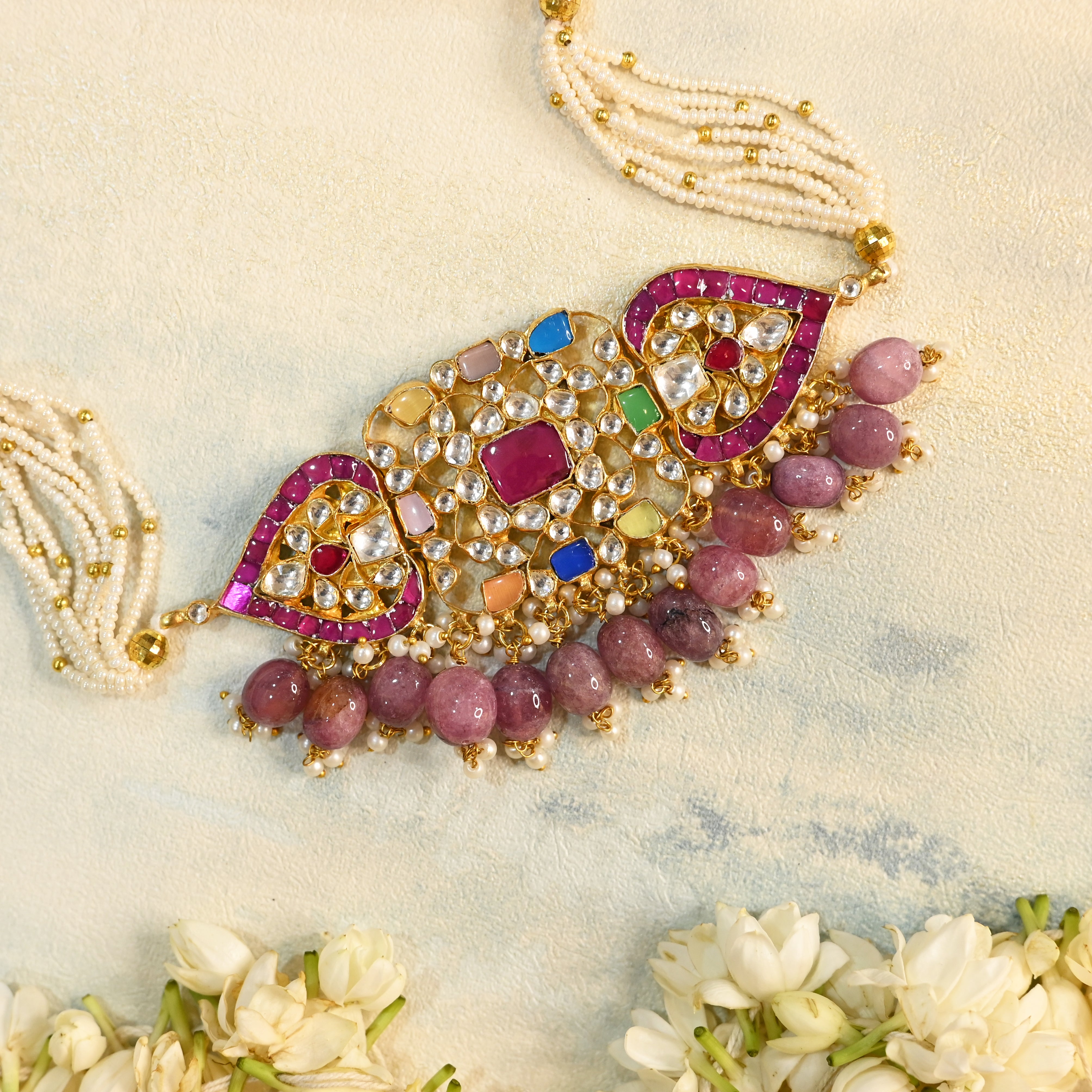 SJN1078- Multi Colour Gold Plated Jadau Kundan Choker with Earrings