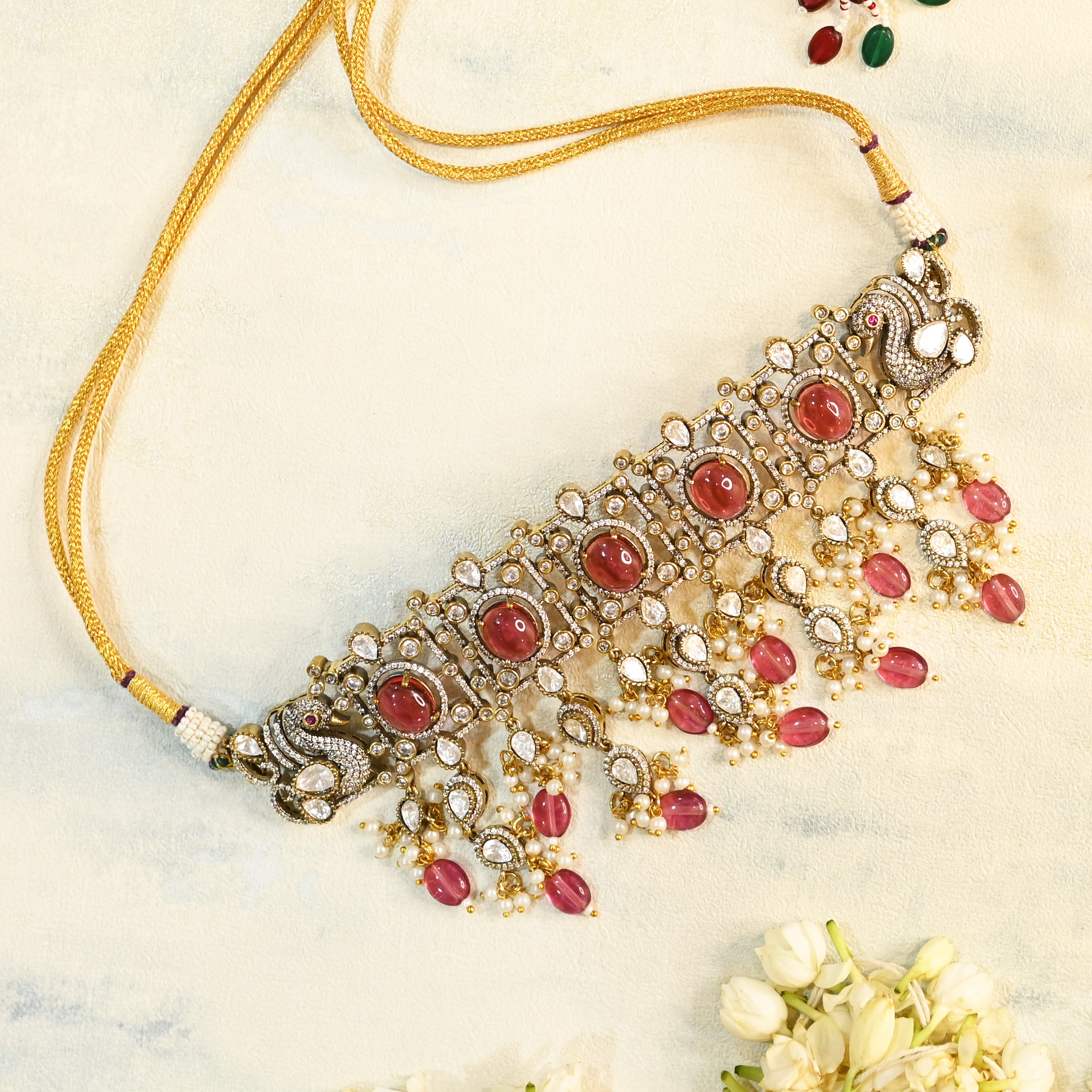 SJN1080- Pink Colour Faux Polki Choker with Earrings