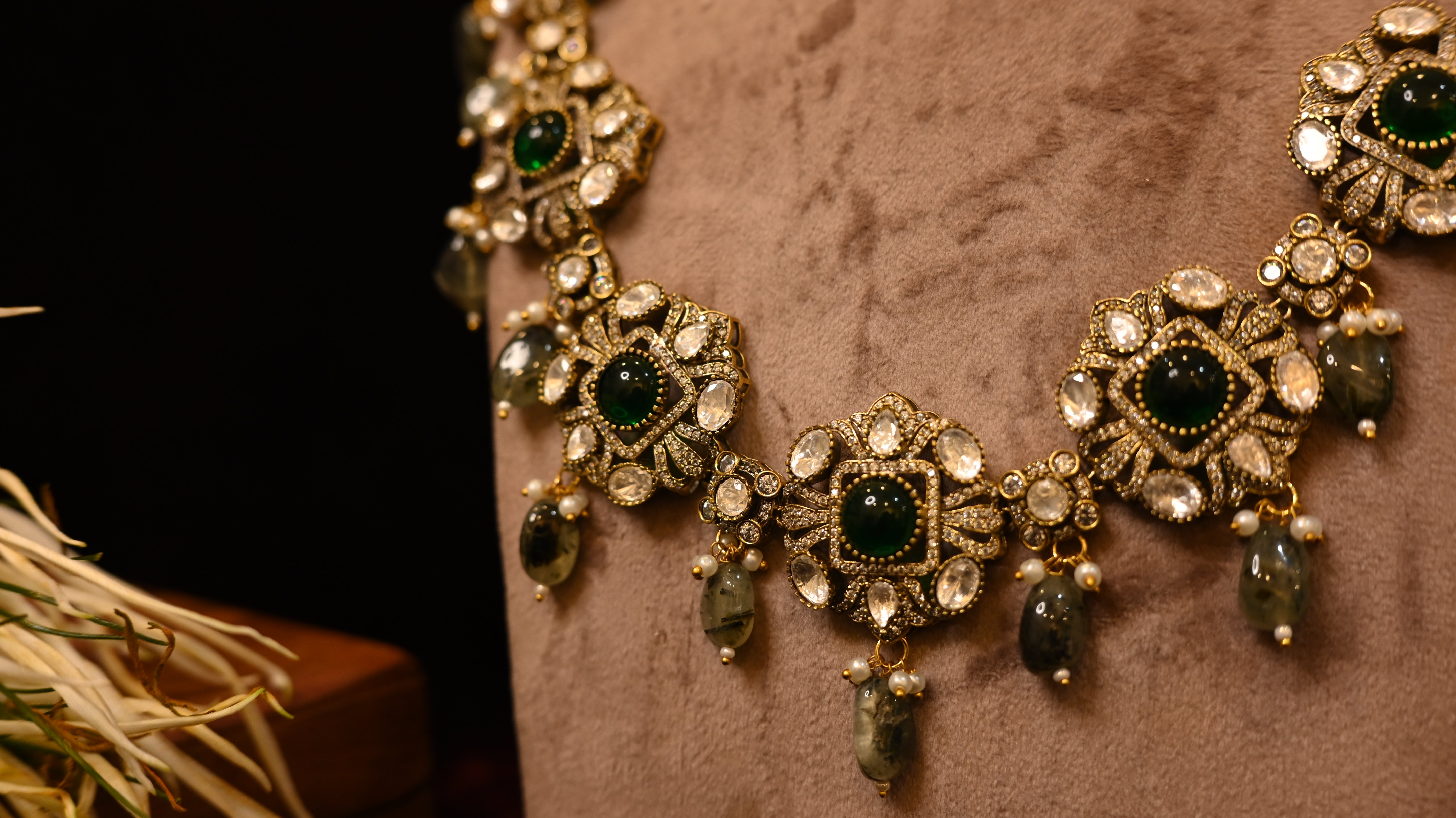 SJN1013- Green Colour Faux Polki Necklace with Earrings