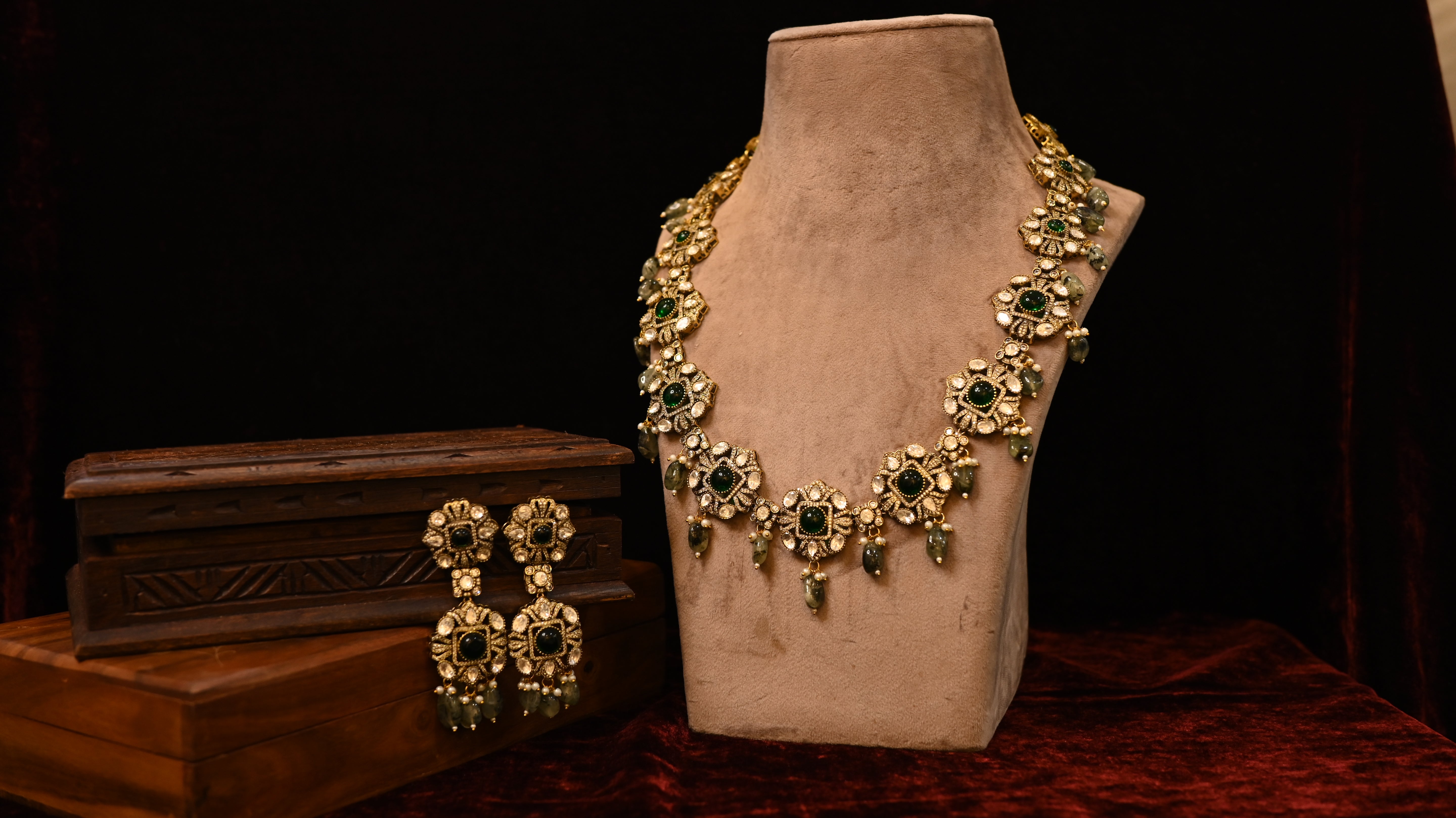 SJN1013- Green Colour Faux Polki Necklace with Earrings