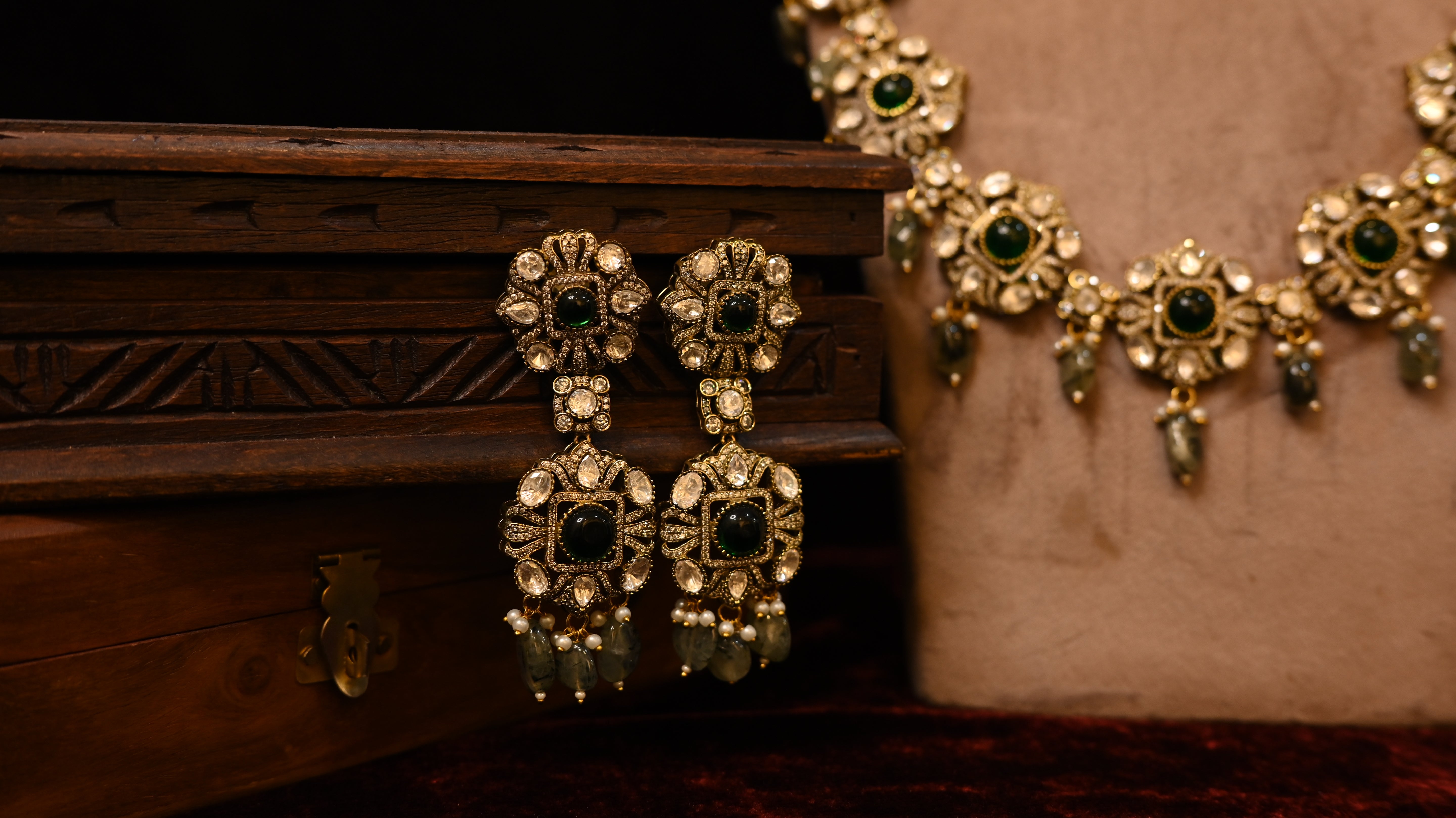 SJN1013- Green Colour Faux Polki Necklace with Earrings