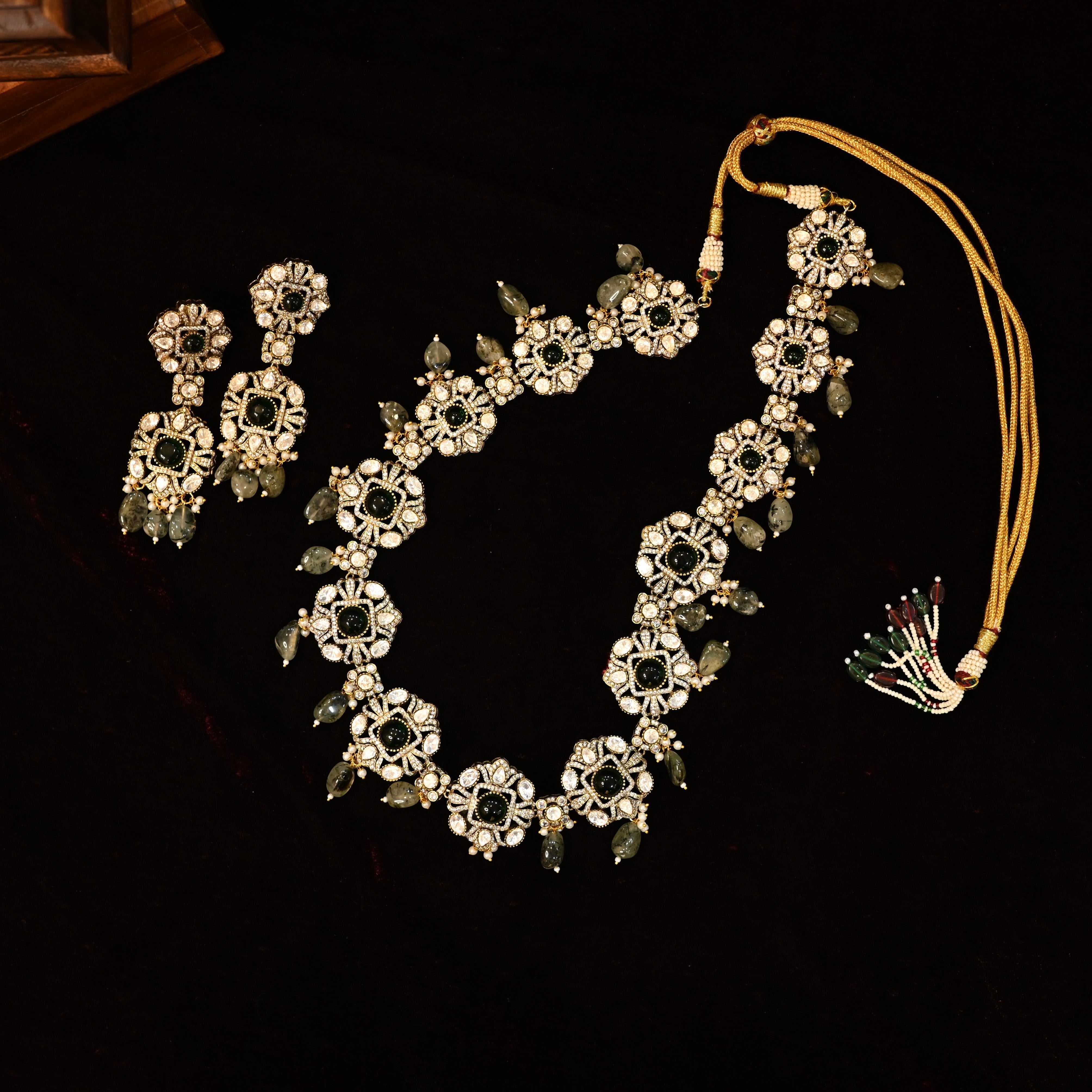 SJN1013- Green Colour Faux Polki Necklace with Earrings