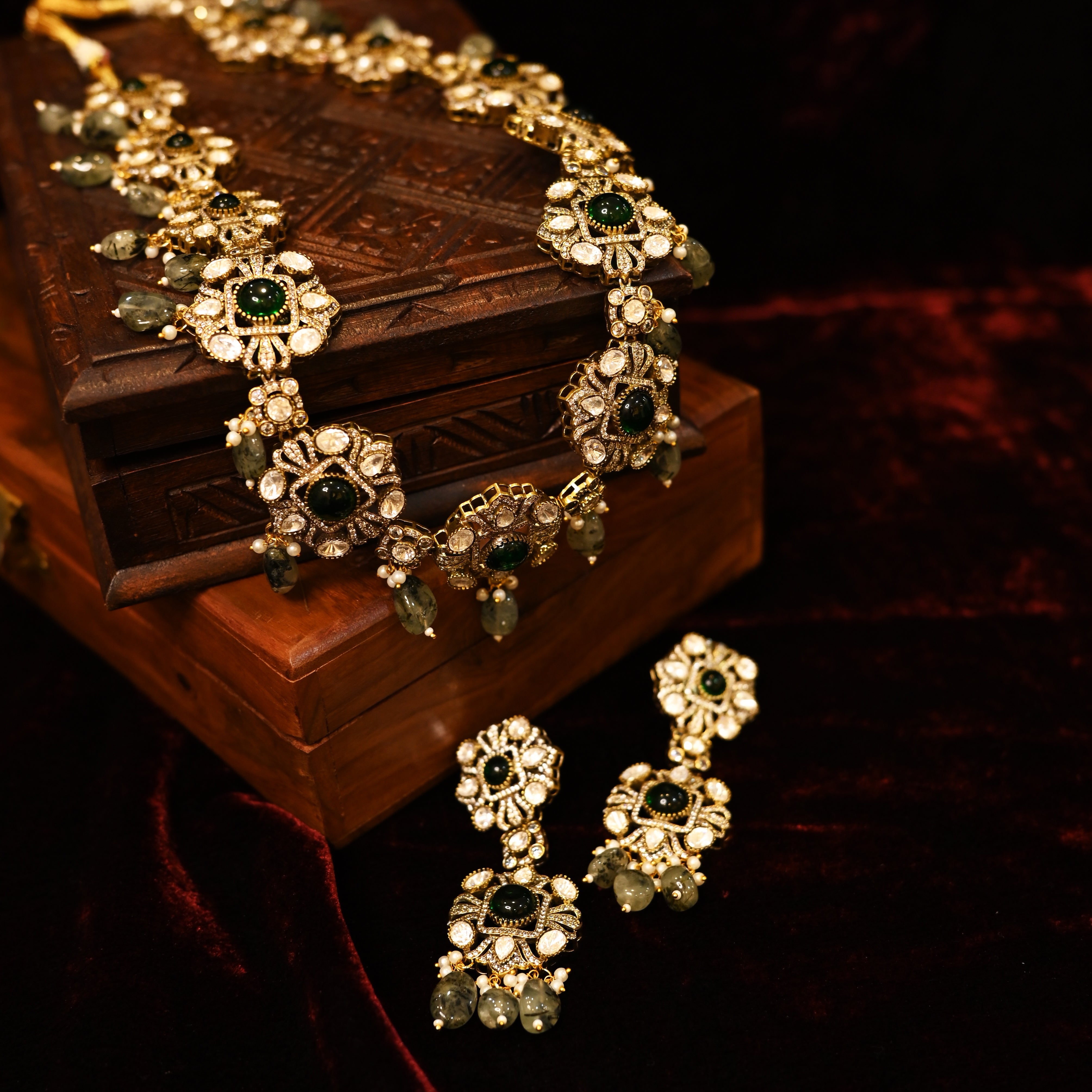 SJN1013- Green Colour Faux Polki Necklace with Earrings