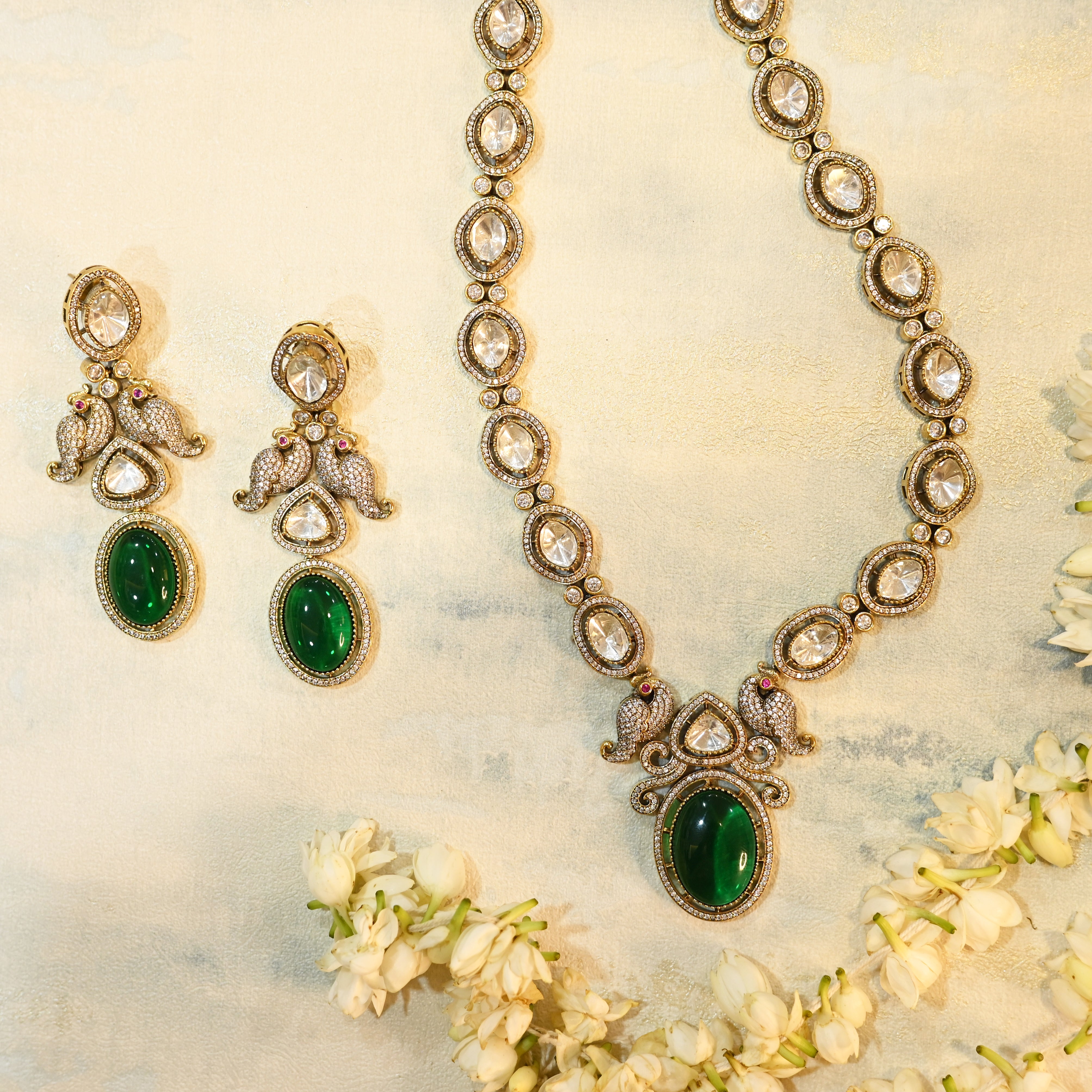 SJN1086- Green Colour Faux Polki Pendant with Earrings