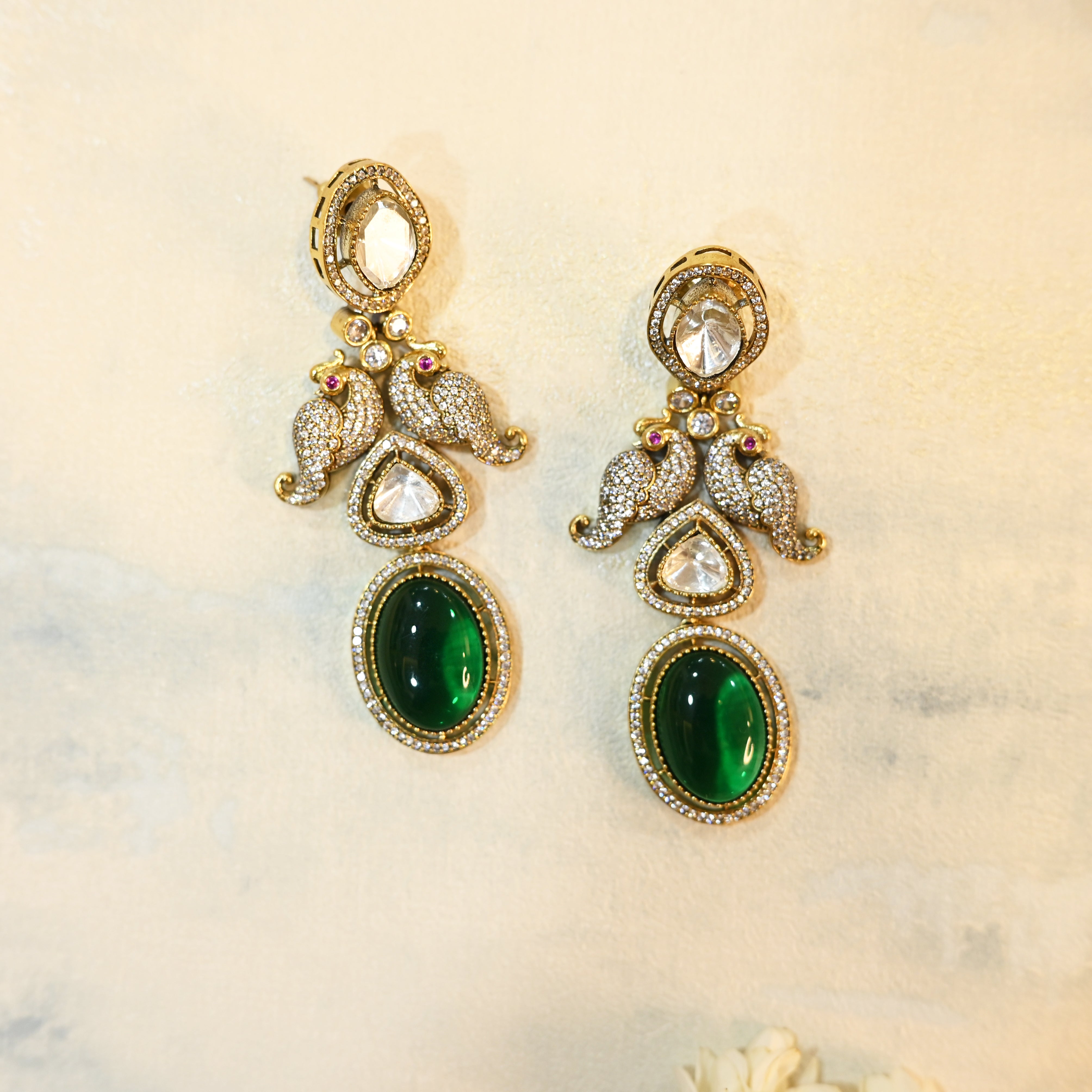 SJN1086- Green Colour Faux Polki Pendant with Earrings