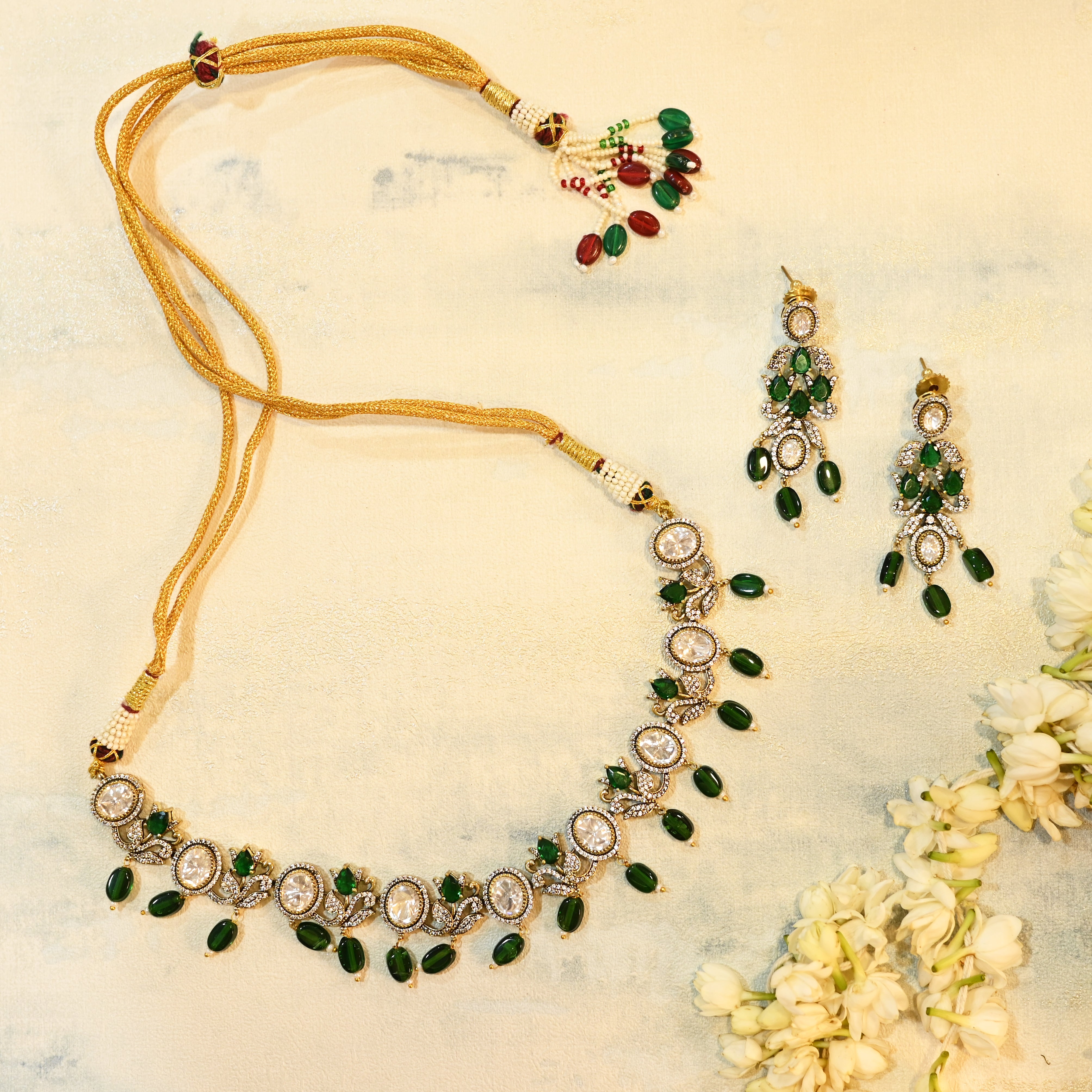 SJN1014- Green Colour Faux Polki Choker with Earrings