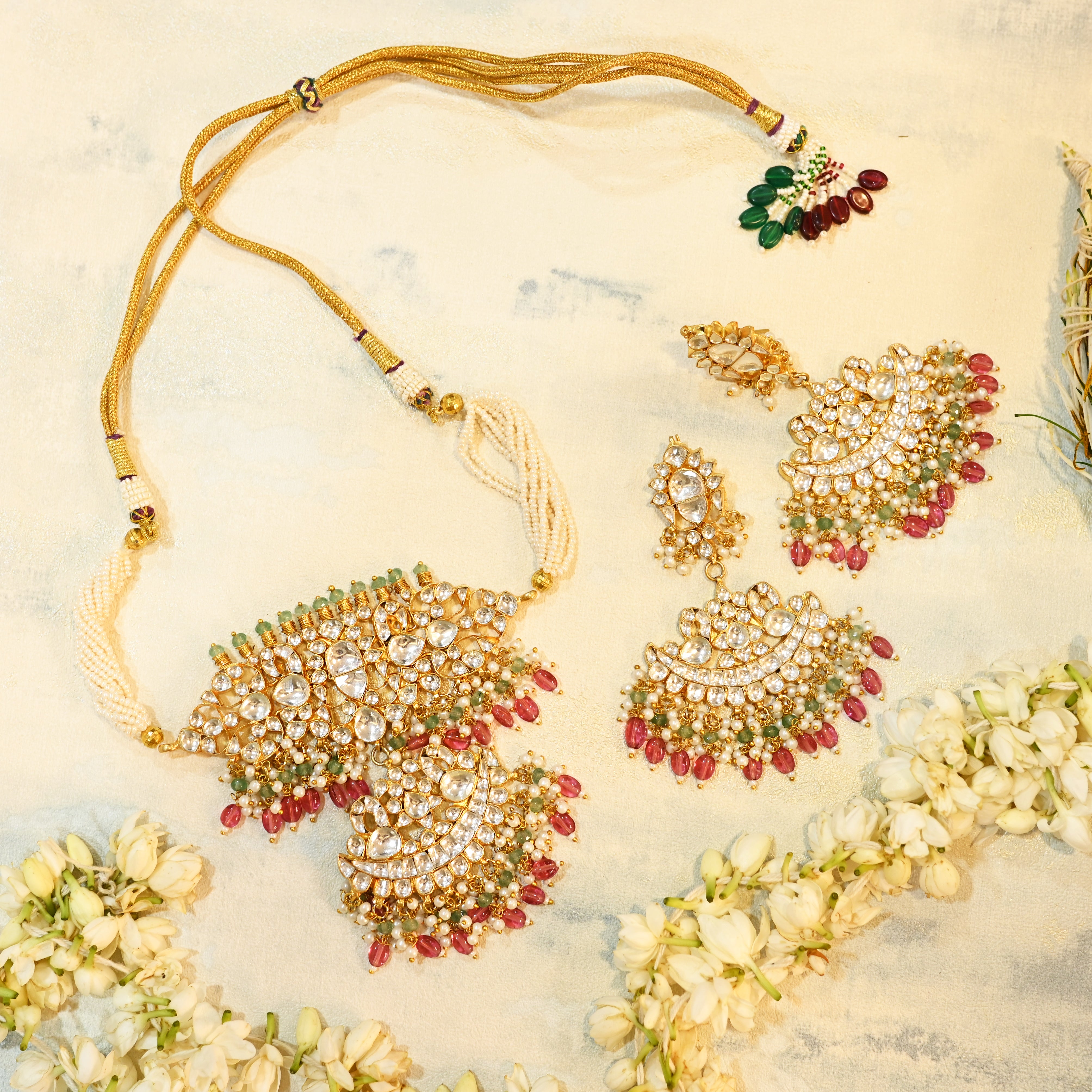 SJN1079- White Colour Gold Plated Jadau Kundan Choker with Earrings