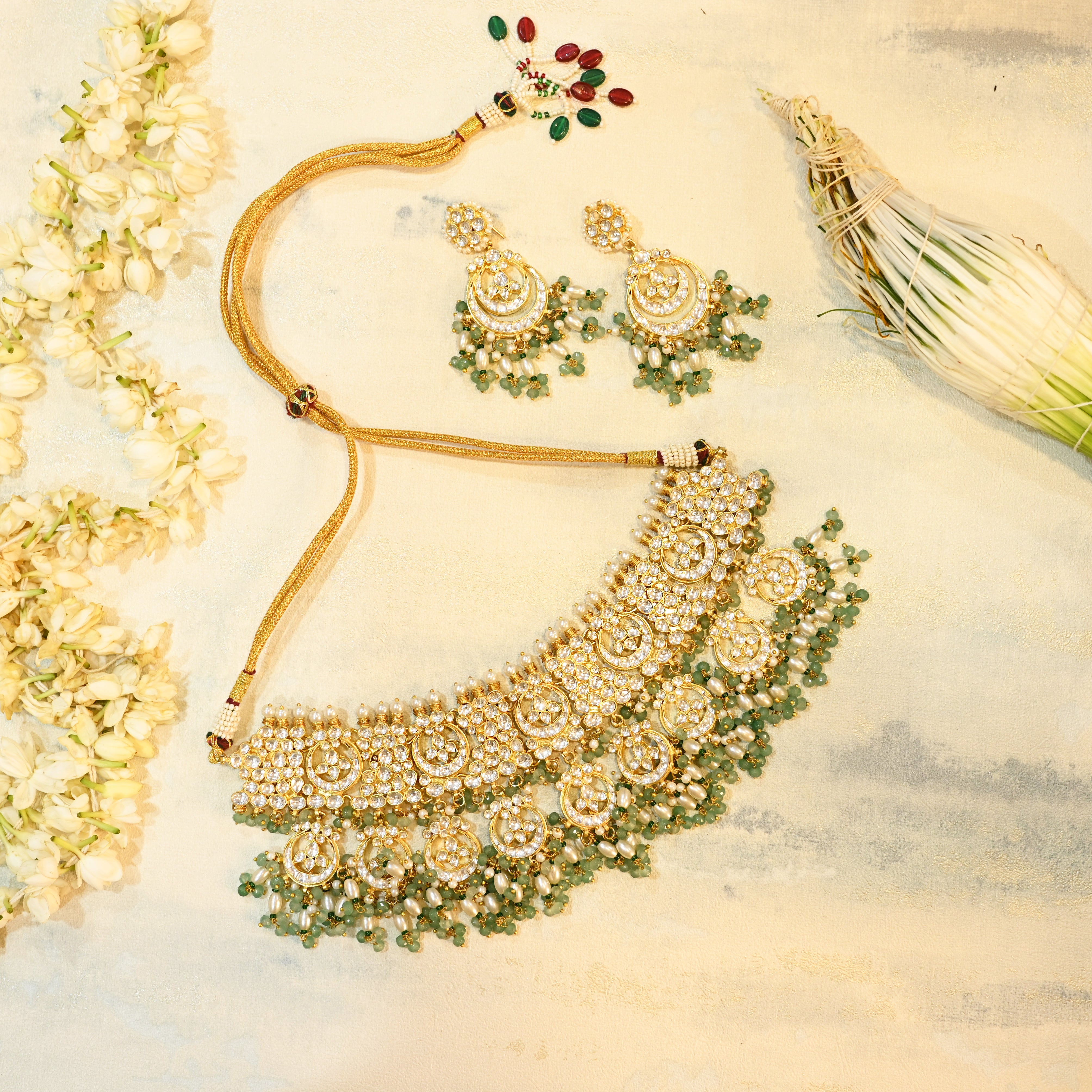 SJN1073- White Colour Gold Plated Jadau Kundan Necklace with Earrings