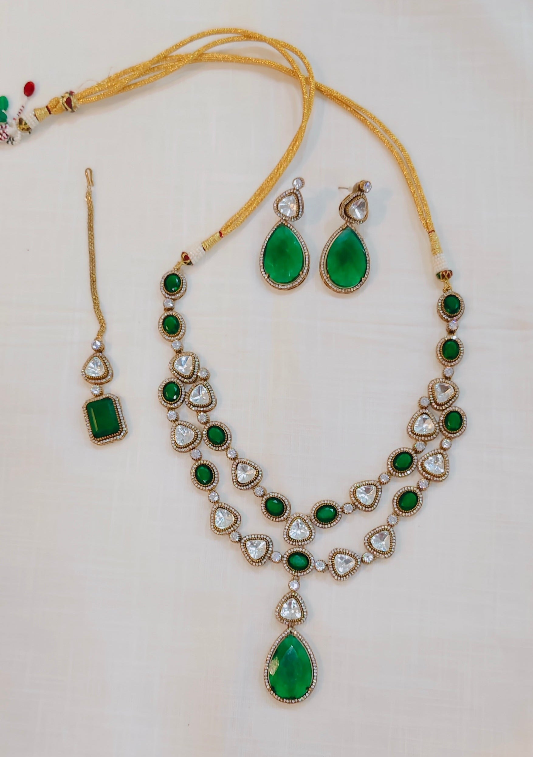 Green Colour Gold Plated Uncut Necklace with Earrings and Tika wore by Priyanka Sharma