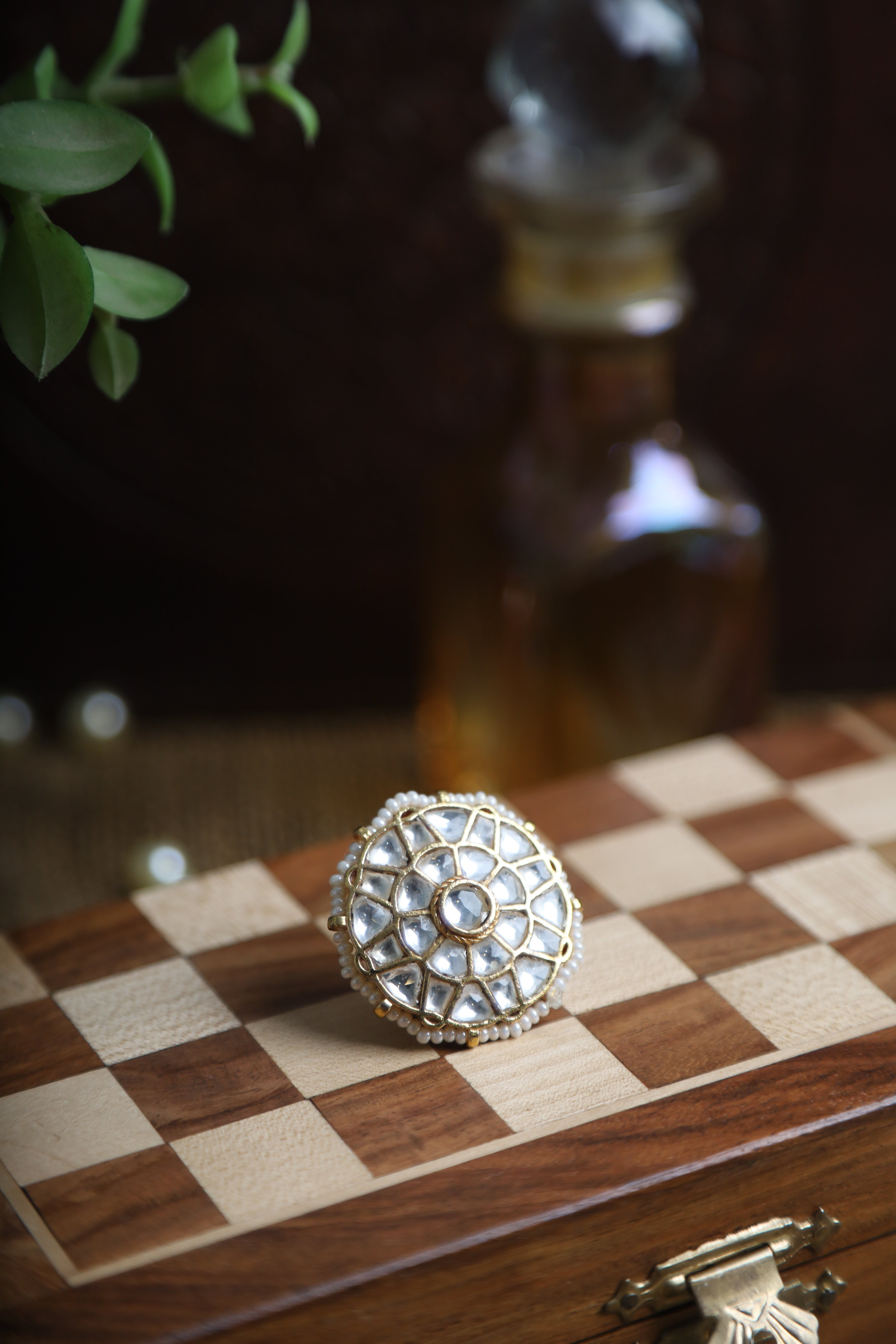 SJR0008- Green Colour Gold Plated Jadau Kundan Ring