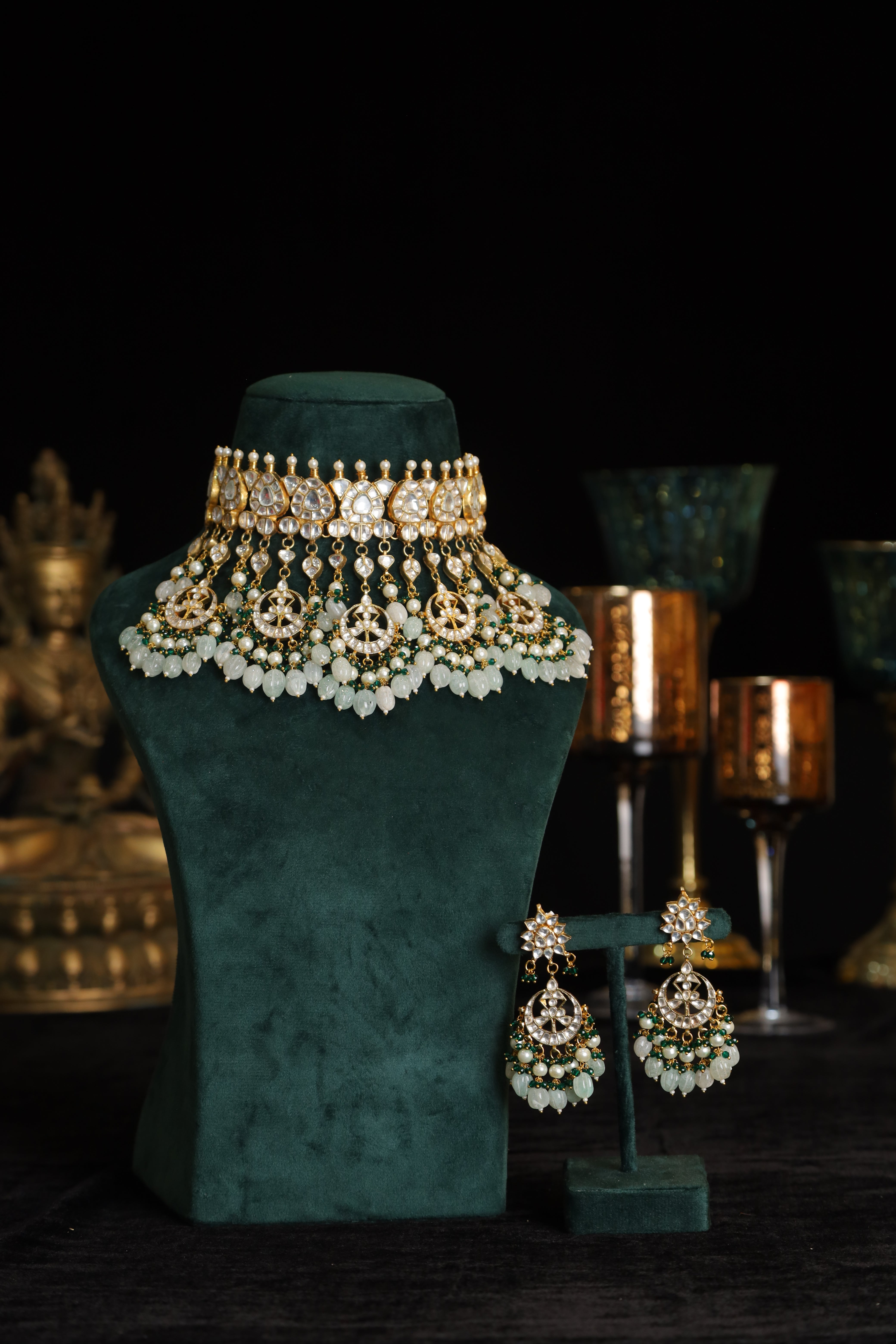 SJN1216- White and Blue Colour Gold Plated Jadau Kundan Necklace with Earrings