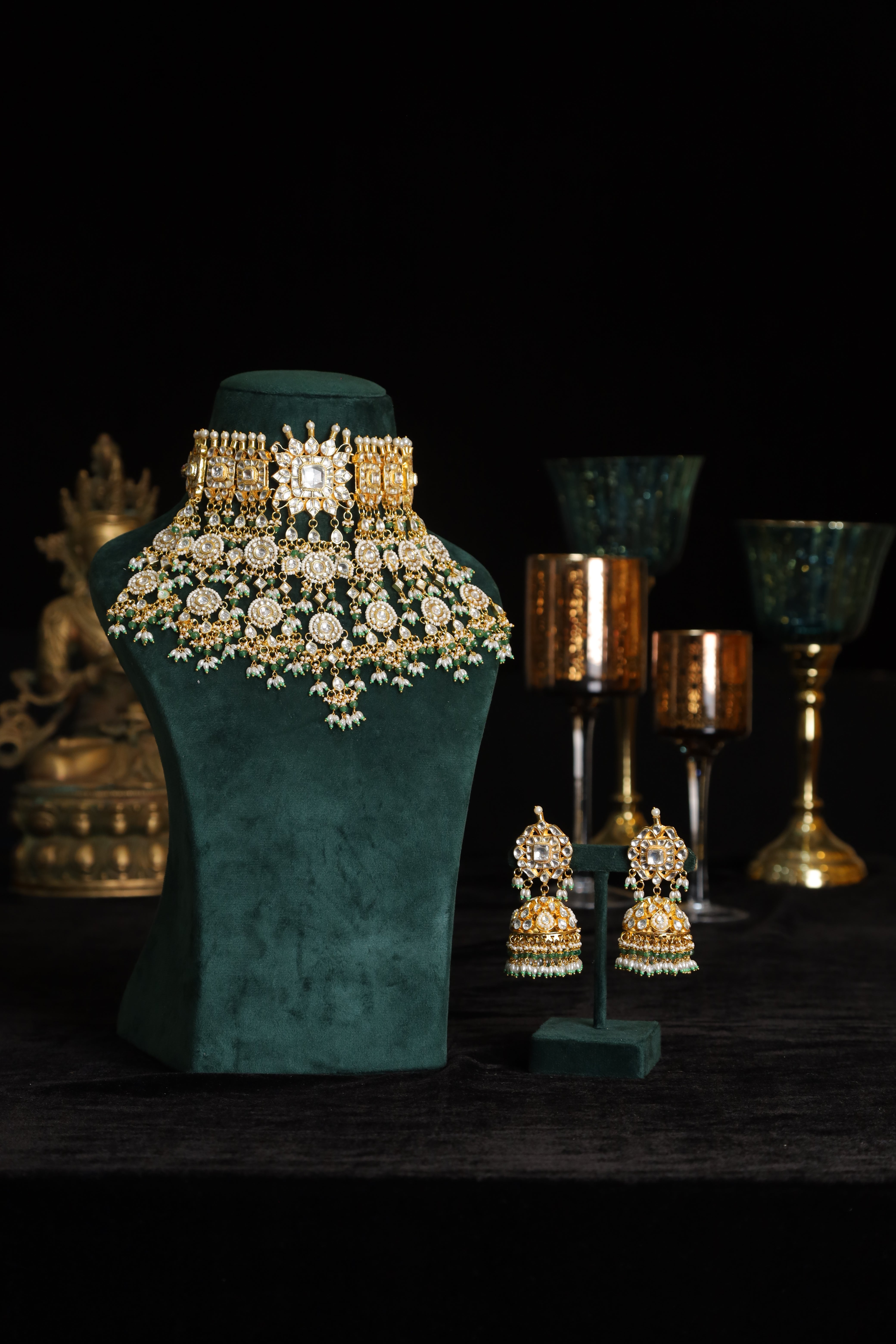 SJN1218- White and Green Colour Gold Plated Jadau Kundan Necklace with Earrings