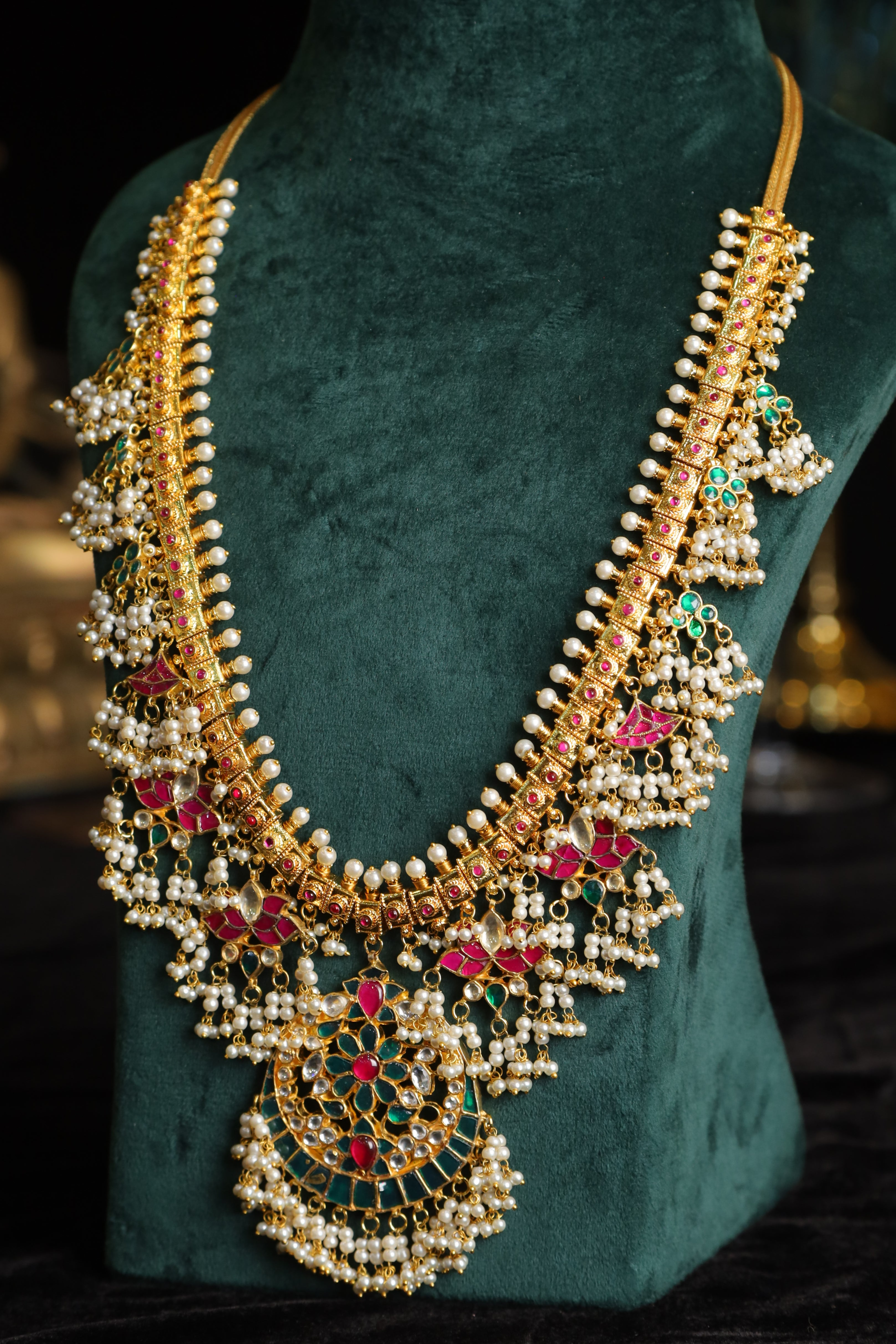 SJN1230- Multi Colour Gold Plated Jadau Kundan Temple Long Necklace