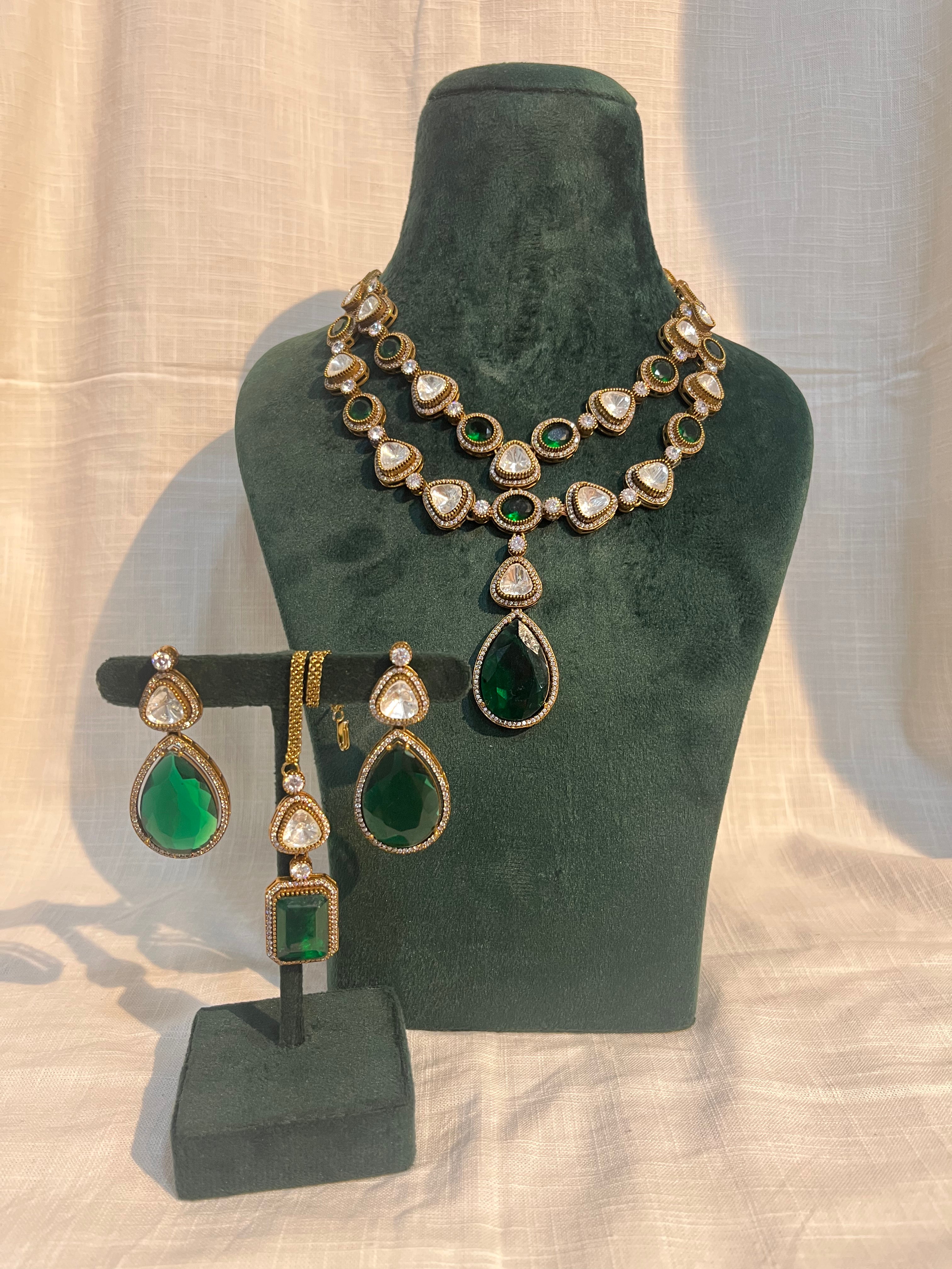Green Colour Gold Plated Uncut Necklace with Earrings and Tika wore by Priyanka Sharma