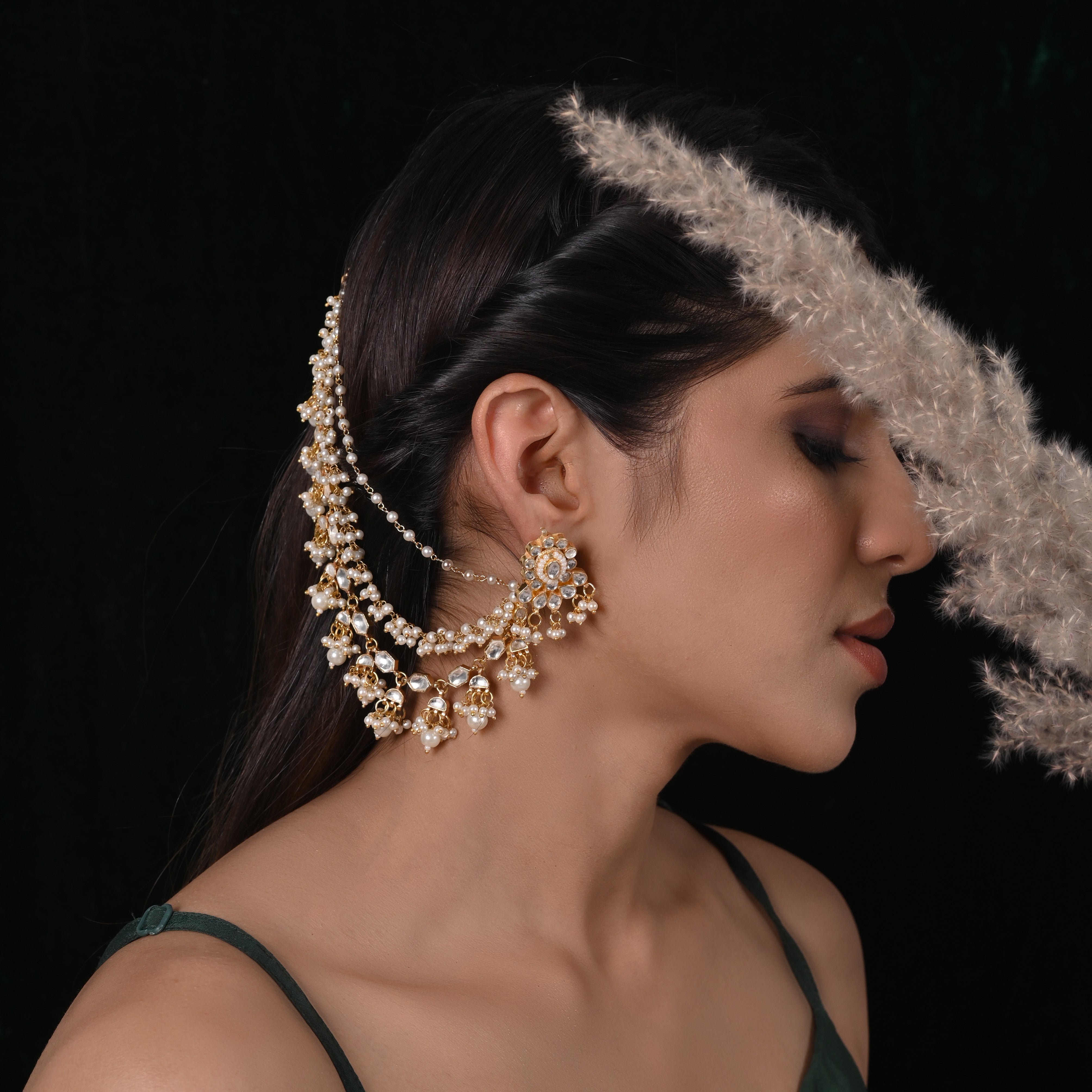 SJK003- White Colour Gold Plated Jadau Kundan Studs with Kaanchain wore by Sonia Rathee