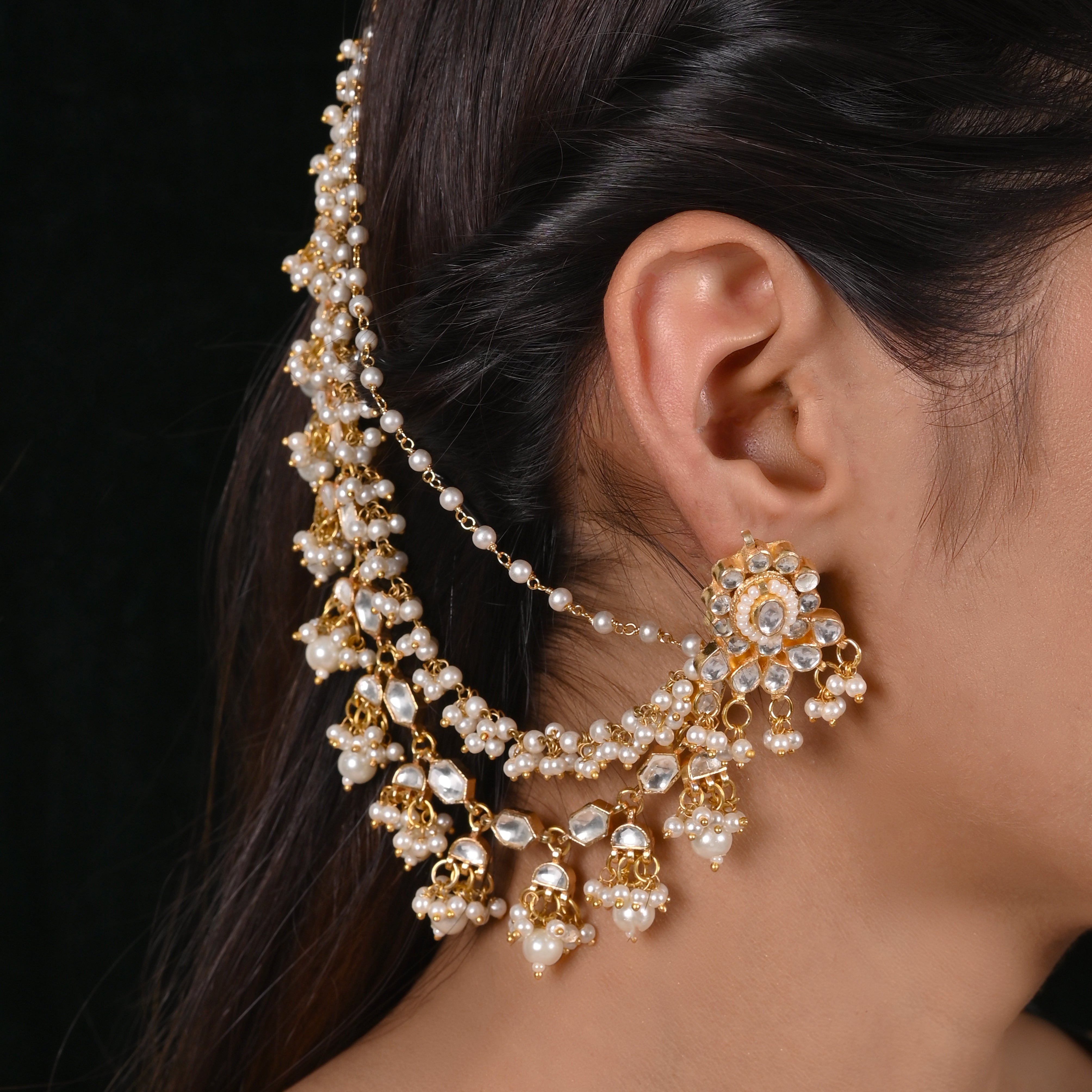 SJK003- White Colour Gold Plated Jadau Kundan Studs with Kaanchain wore by Sonia Rathee