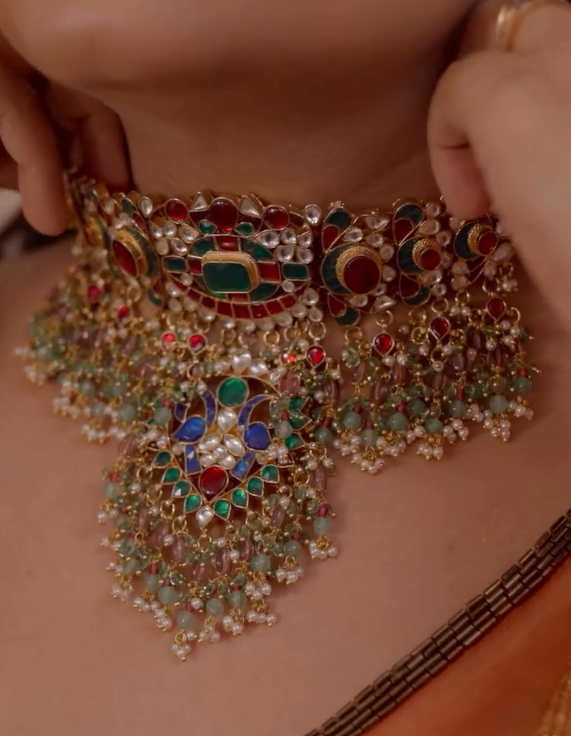SJN1166- Multi Colour Gold Plated Jadau Kundan Bridal Choker With Earrings