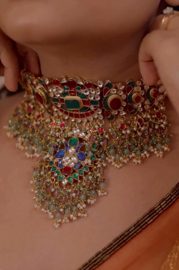 SJN1166- Multi Colour Gold Plated Jadau Kundan Bridal Choker With Earrings