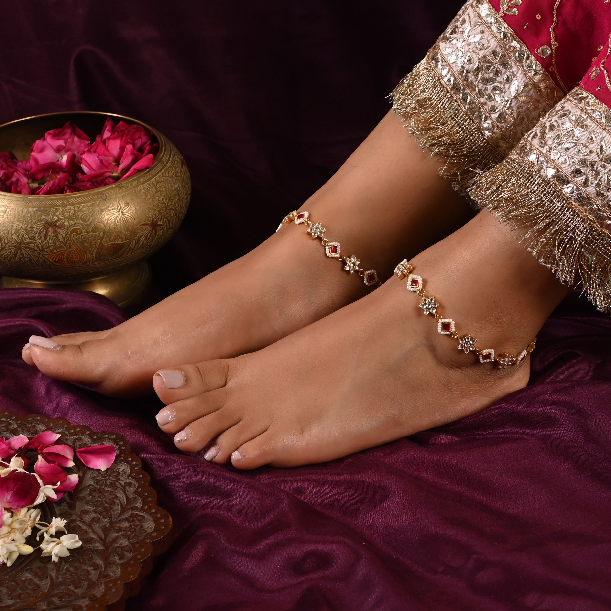 SJA0001- Pink and White Color Gold Plated Jadau Kundan Anklet