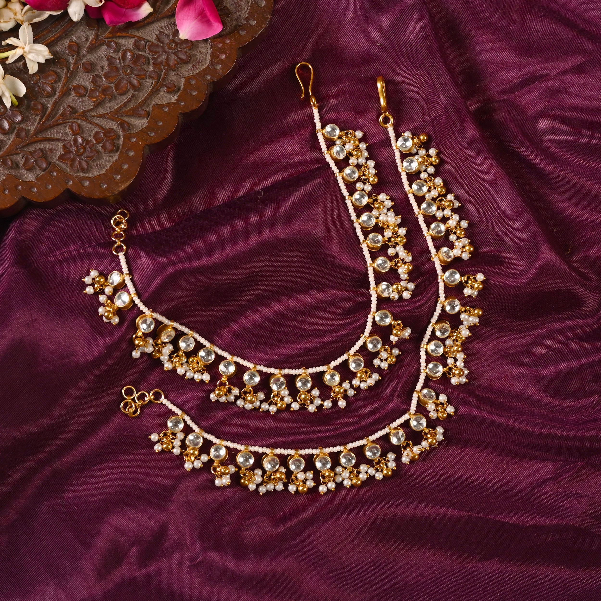 SJA0002- White Color Gold Plated Jadau Kundan Anklet