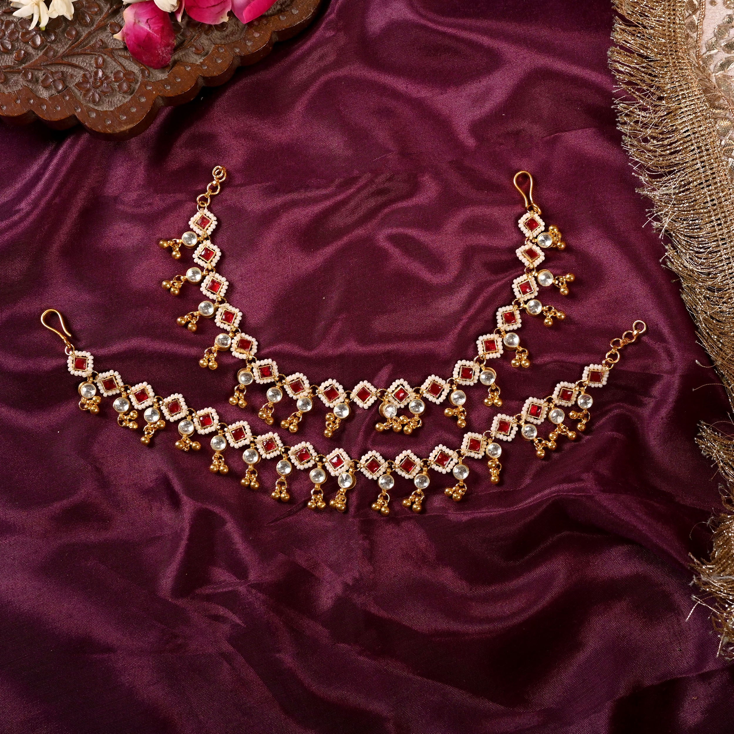 SJA0003- Pink and White Colour Gold Plated Jadau Kundan Anklet