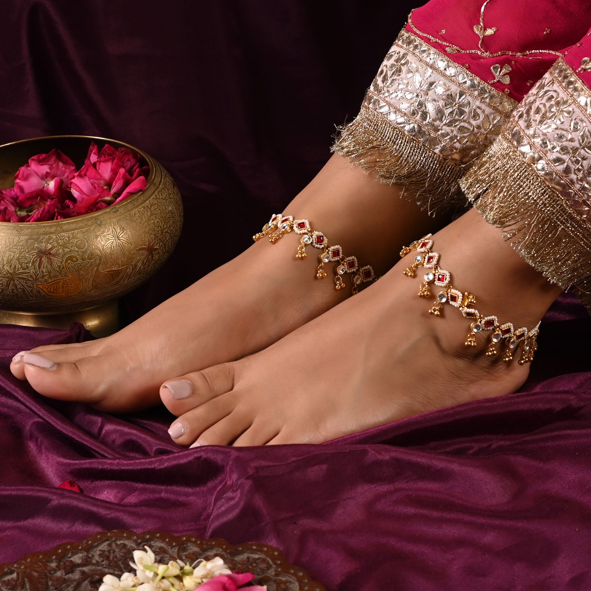 SJA0003- Pink and White Colour Gold Plated Jadau Kundan Anklet