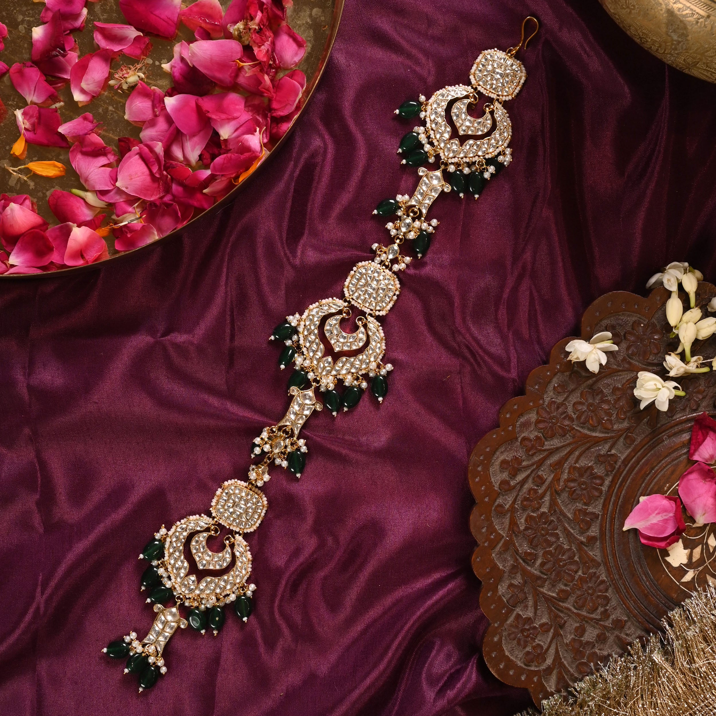 SJBR0003- White and Green Colour Gold Plated Jadau Kundan Braid