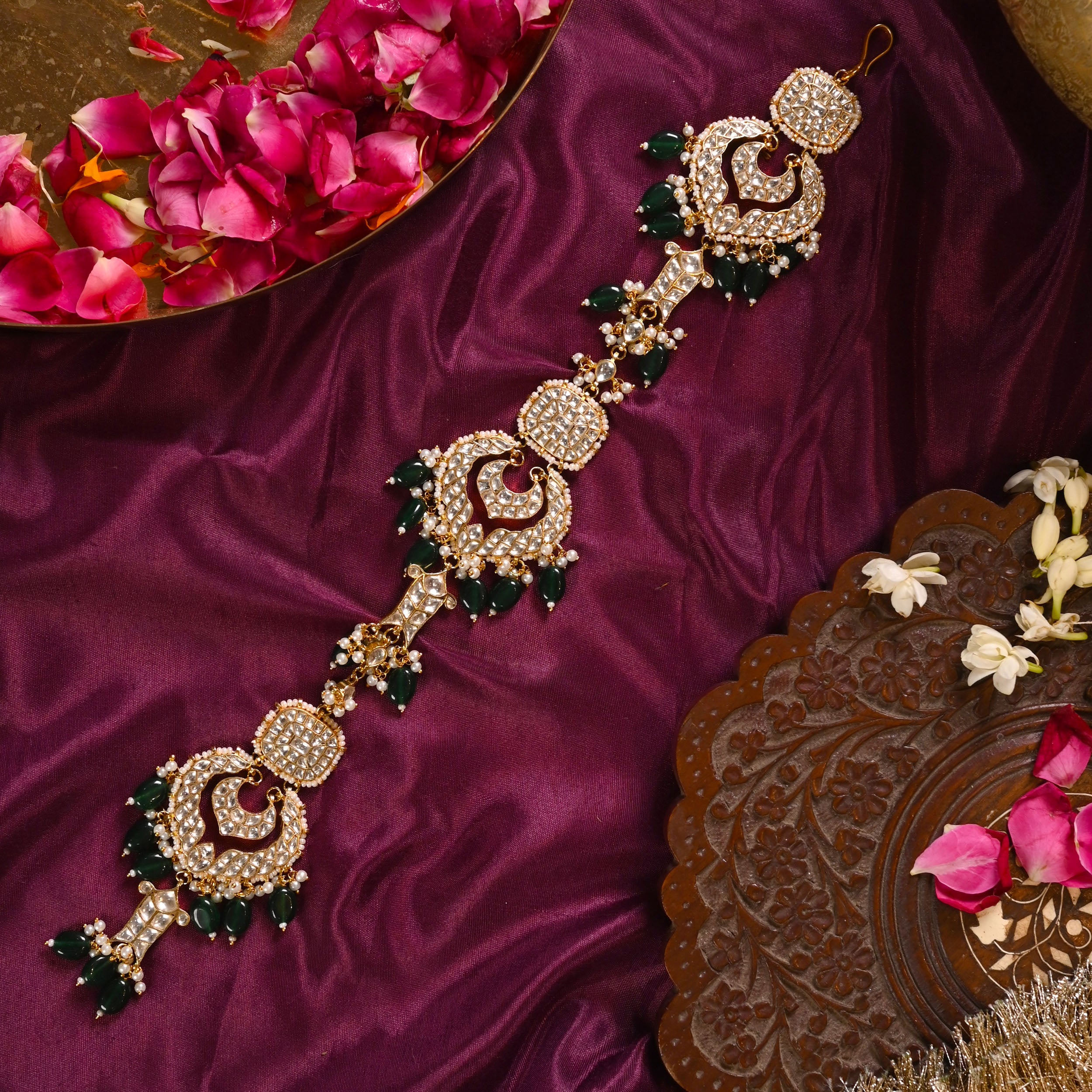 SJBR0003- White and Green Colour Gold Plated Jadau Kundan Braid