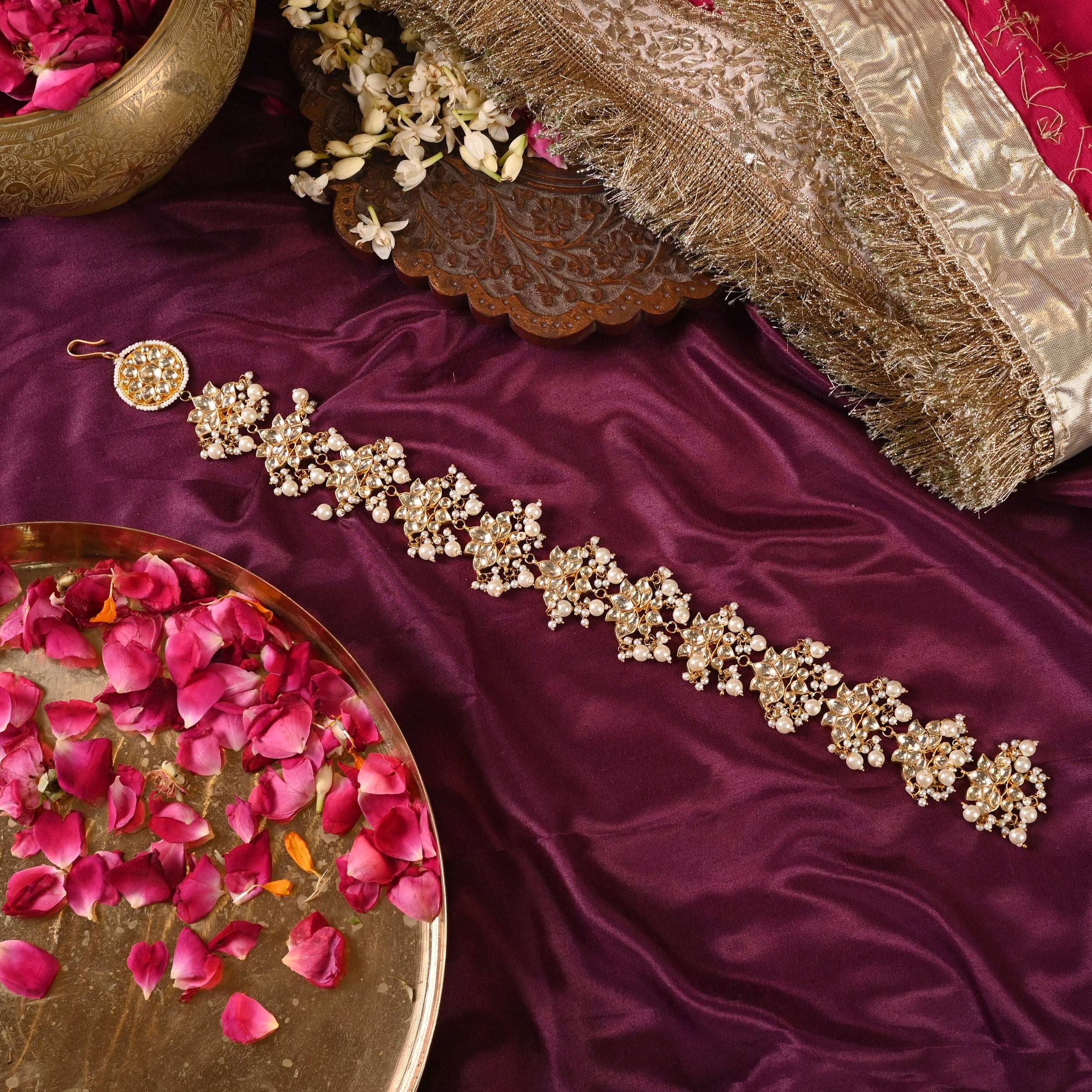SJBR0007- White Colour Gold Plated Jadau Kundan Braid