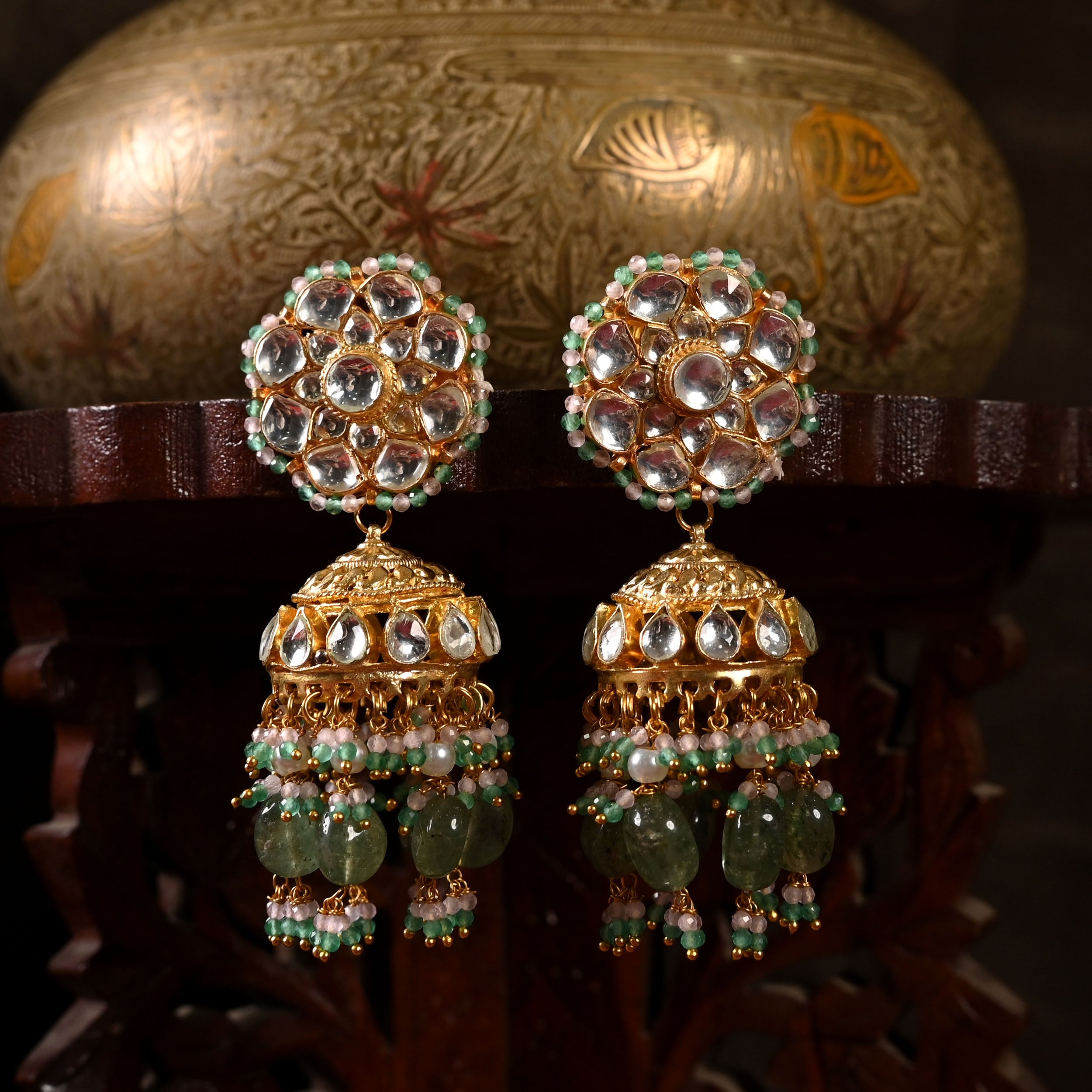 SJE1027- White and Green Colour Gold Plated Jhumki Earrings