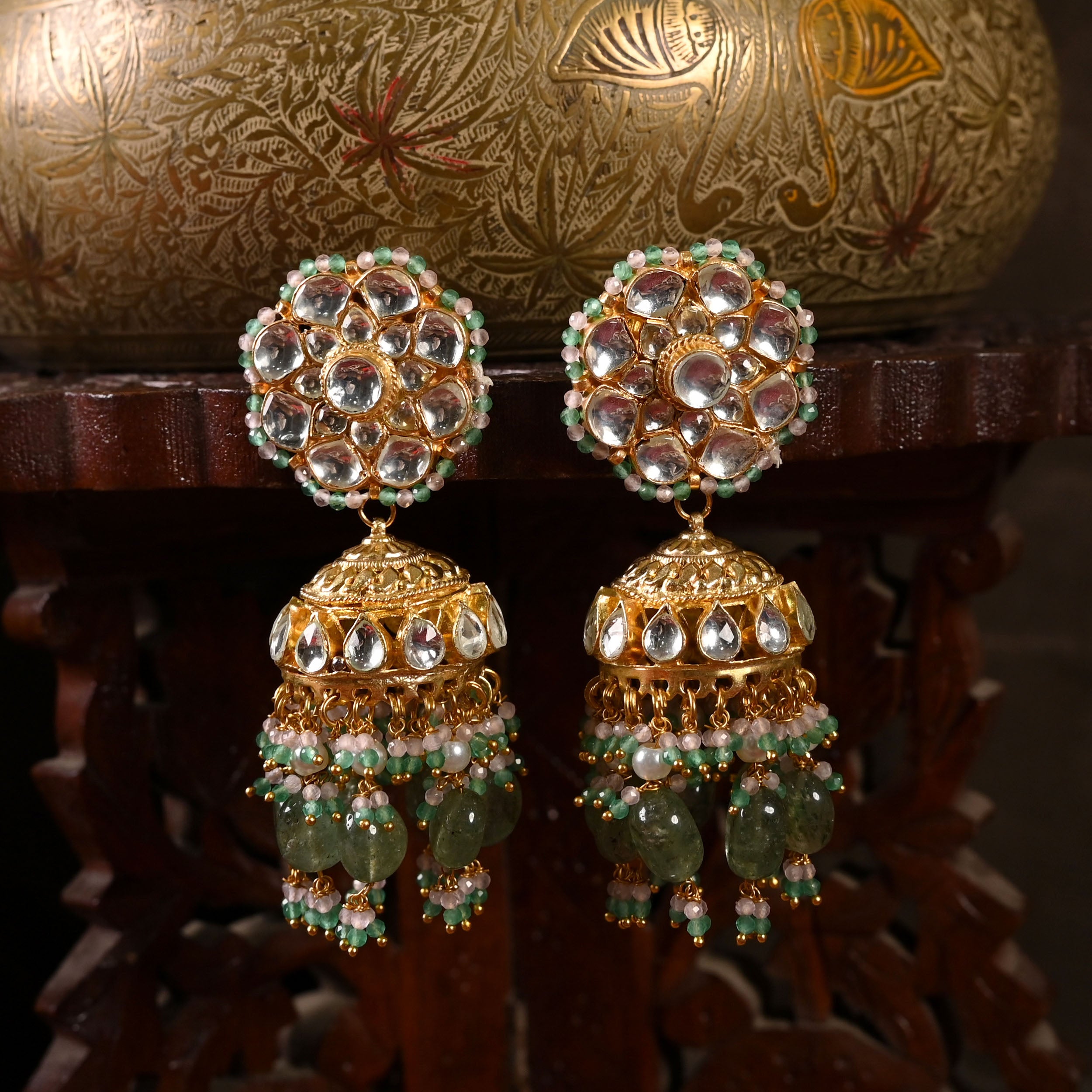 SJE1027- White and Green Colour Gold Plated Jhumki Earrings