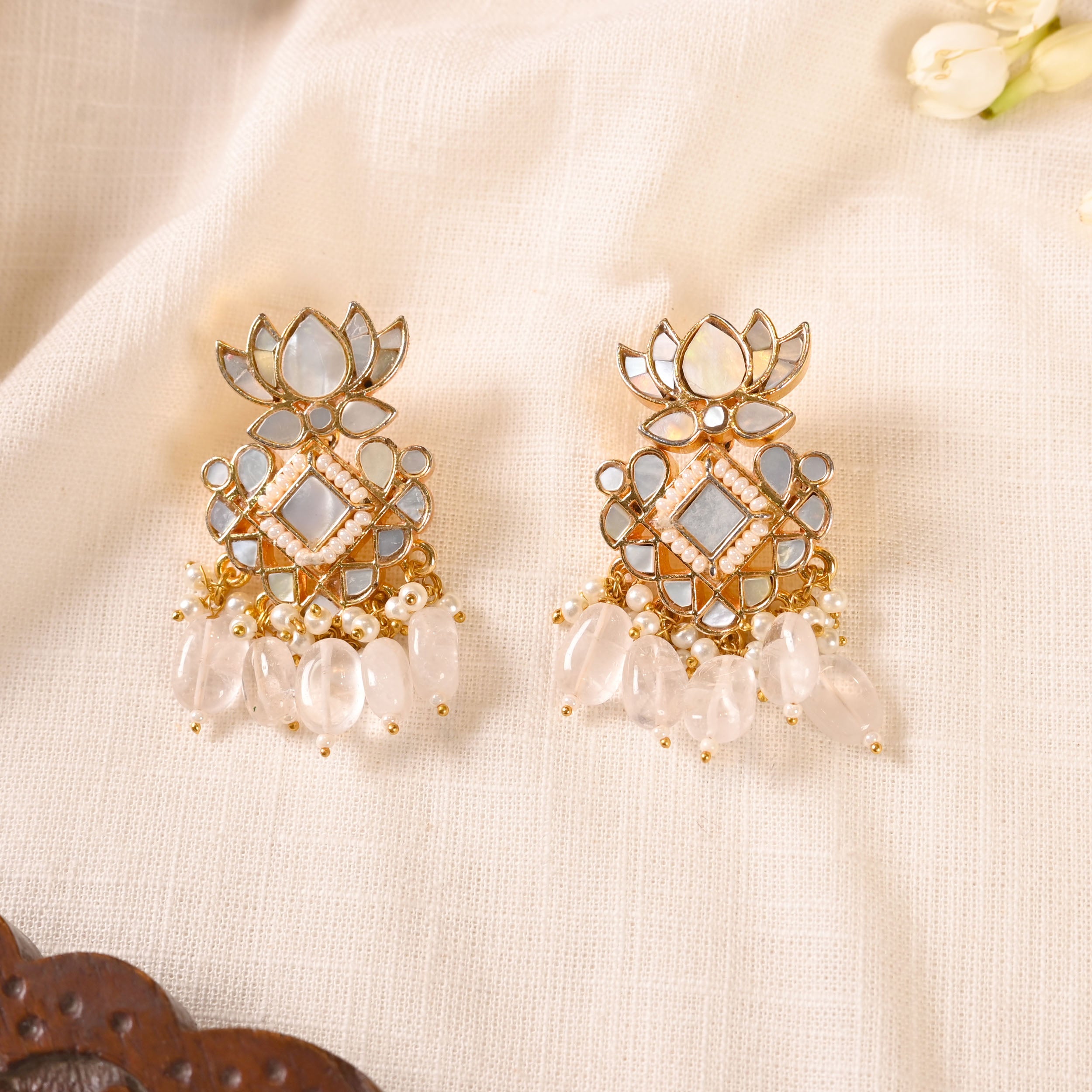 SJE1029- White Colour Gold Plated Mother of Pearl Dangler Earrings