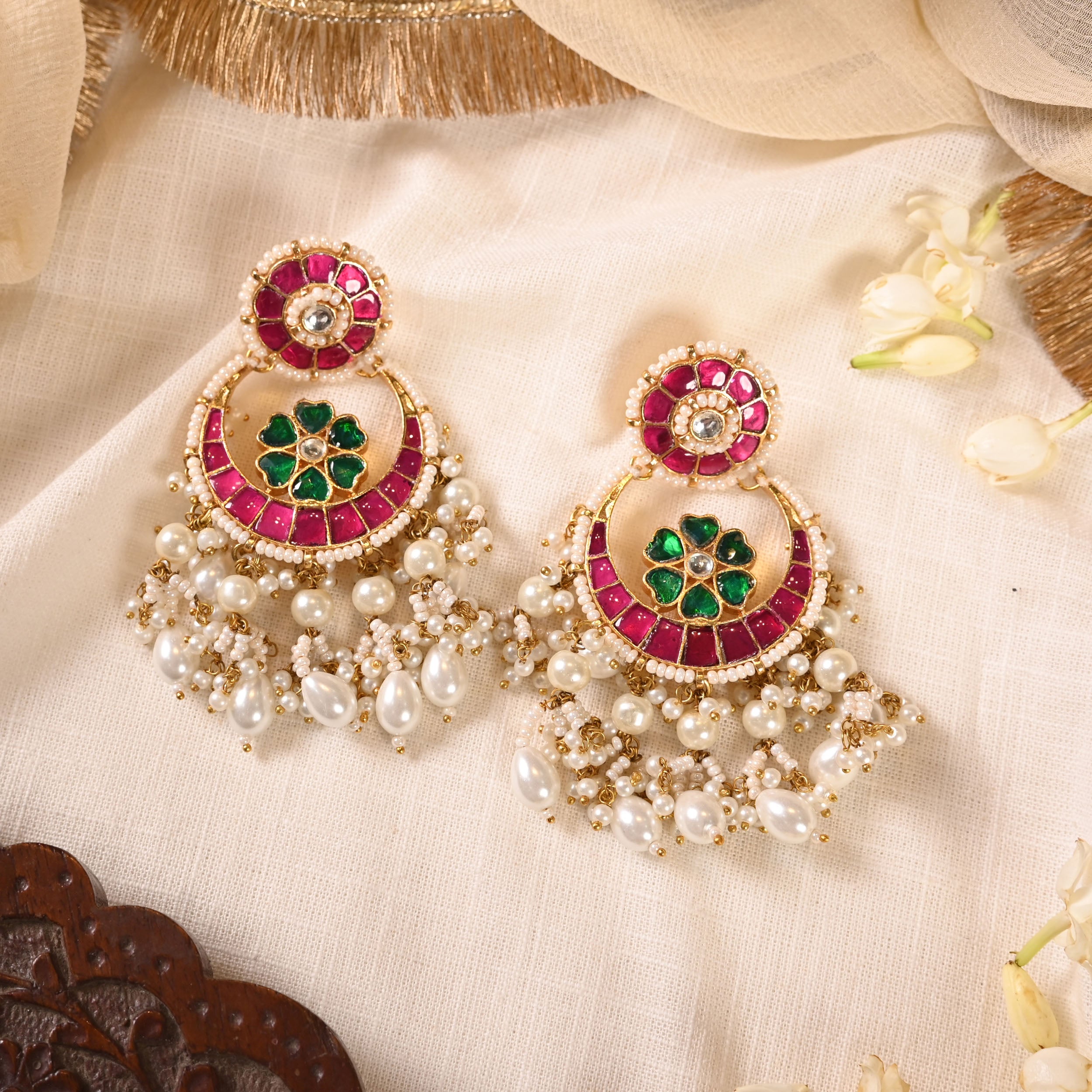 SJE1022- Multi Colour Gold Plated Jadau Kundan Chandbali Earrings wore by Aamna Sharif