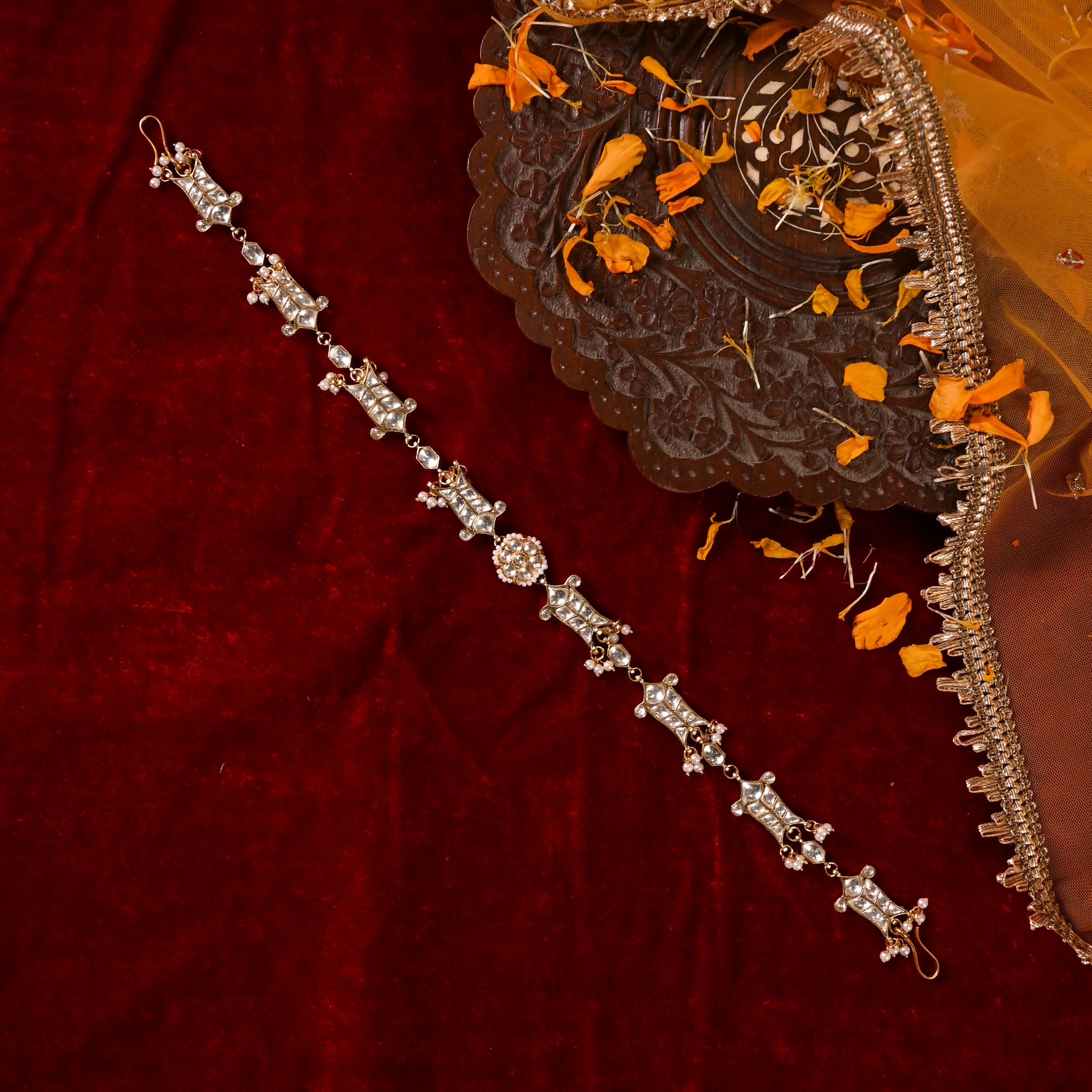 SJHB1012- White Colour Gold Plated Jadau Kundan Fish Motif Headband