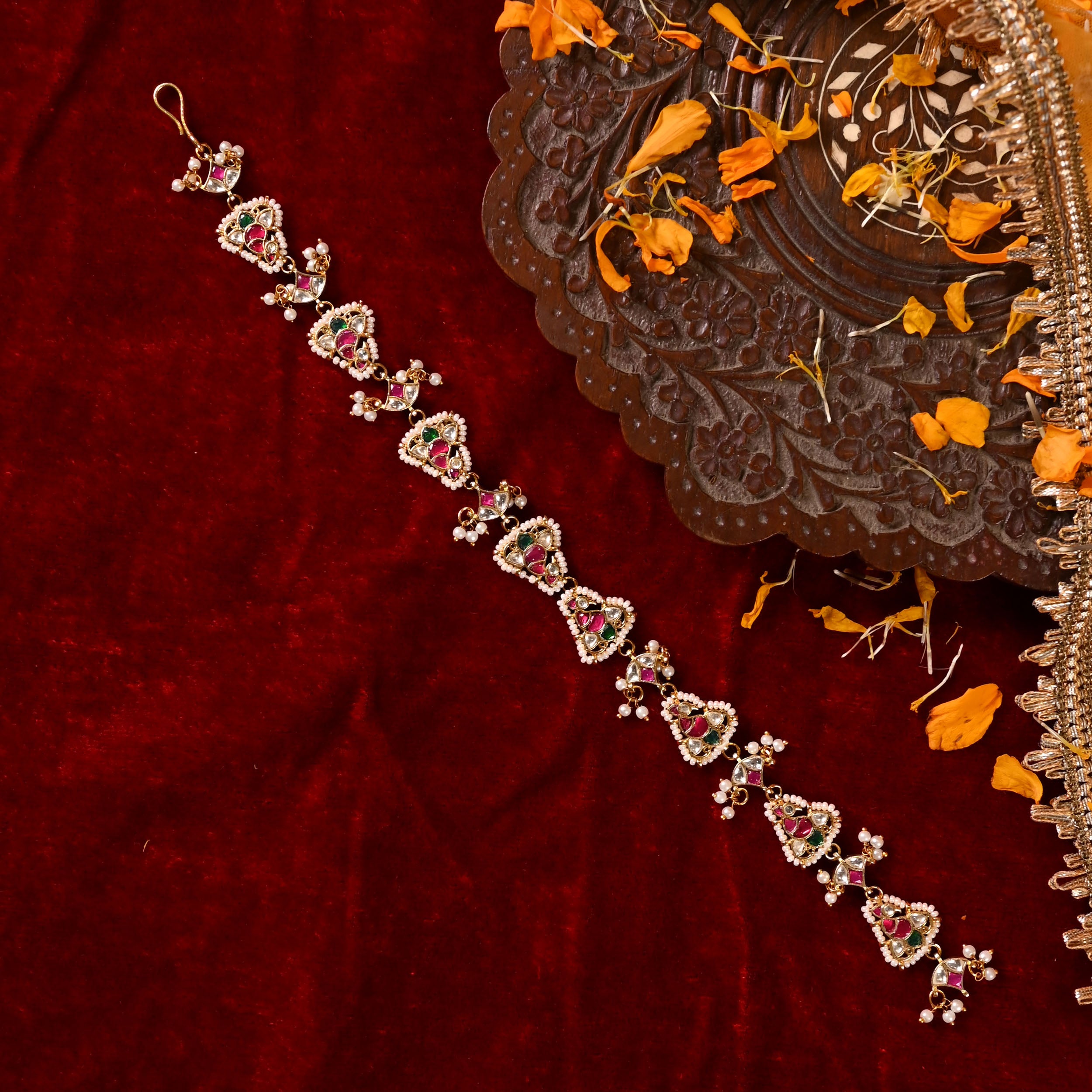 SJHB1013- Multi Colour Gold Plated Jadau Kundan Peacock Motif Headband
