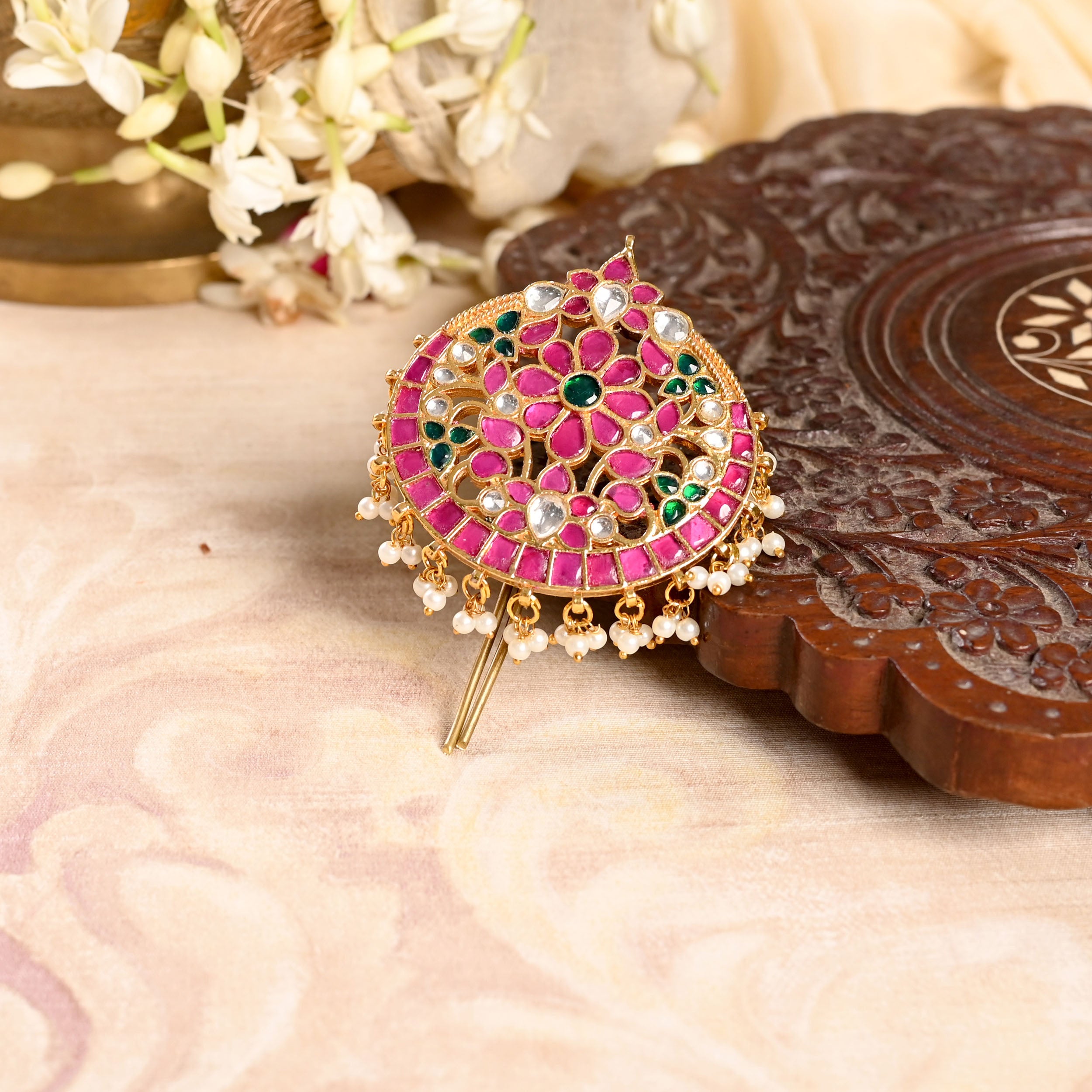 SJJP0001- Pink Colour Gold Plated Jadau Kundan Juda Pin