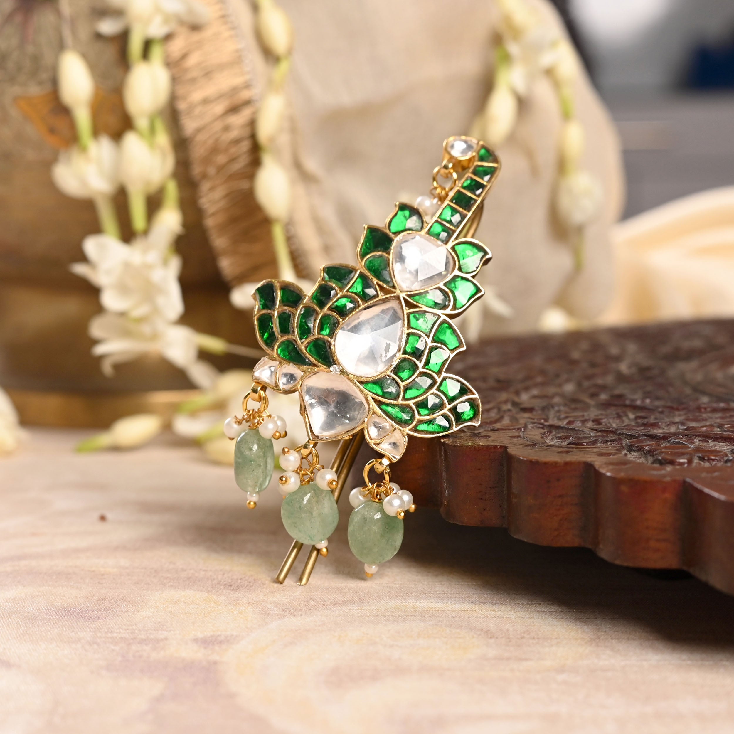 SJJP0002- Green and White Colour Gold Plated Jadau Kundan Juda Pin