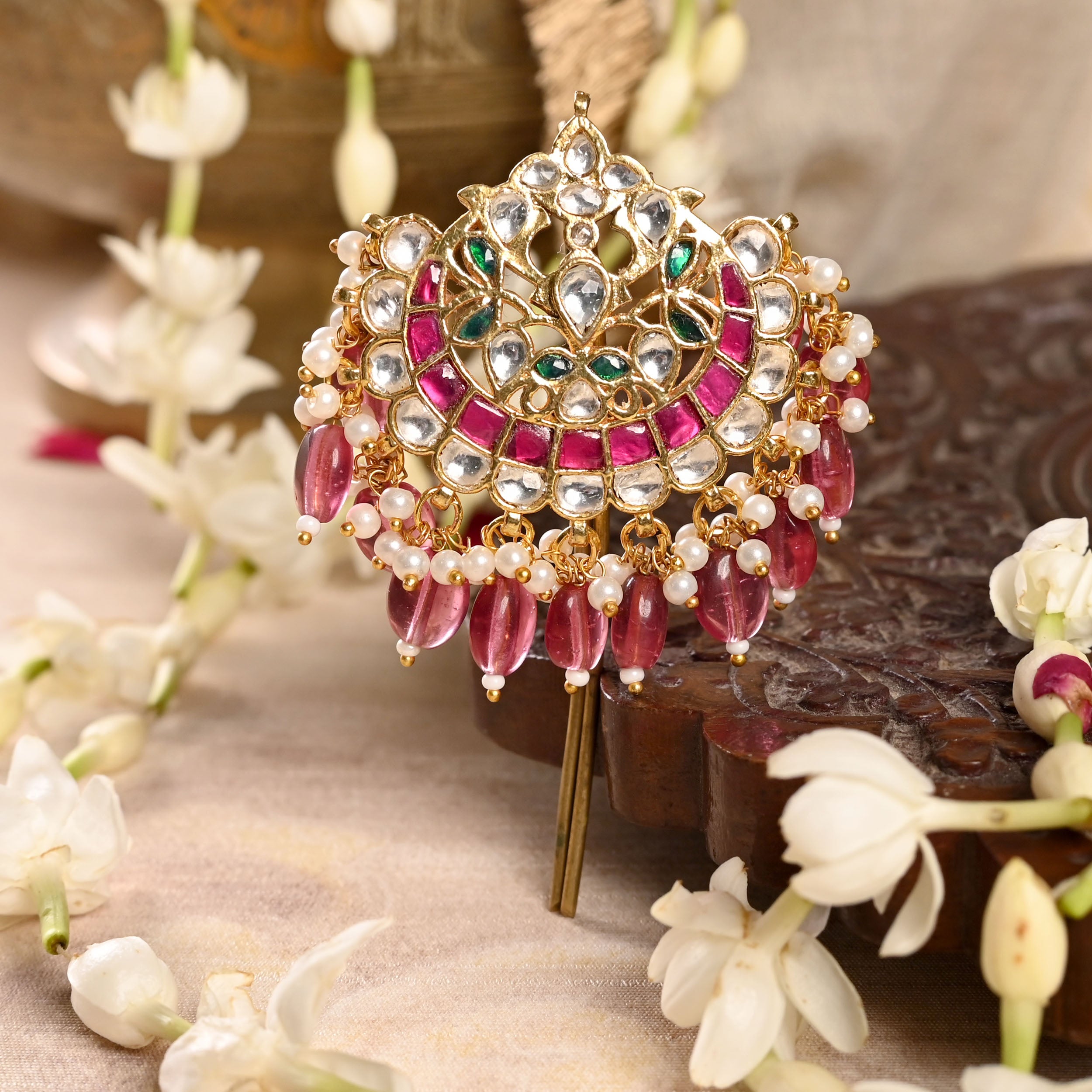 SJJP0003- Multi Colour Gold Plated Jadau Kundan Juda Pin