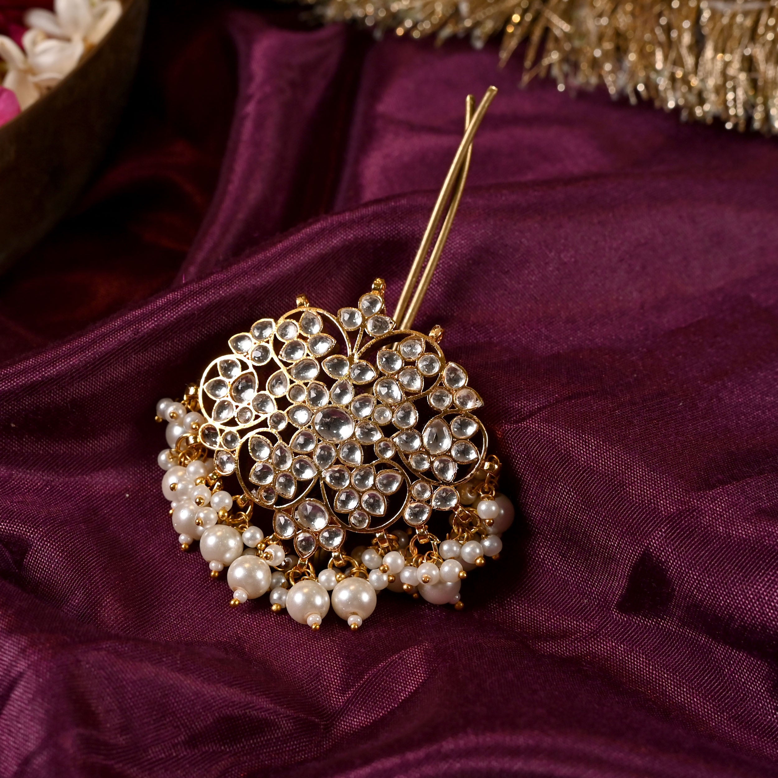 SJJP0007- White Colour Gold Plated Jadau Kundan Juda Pin