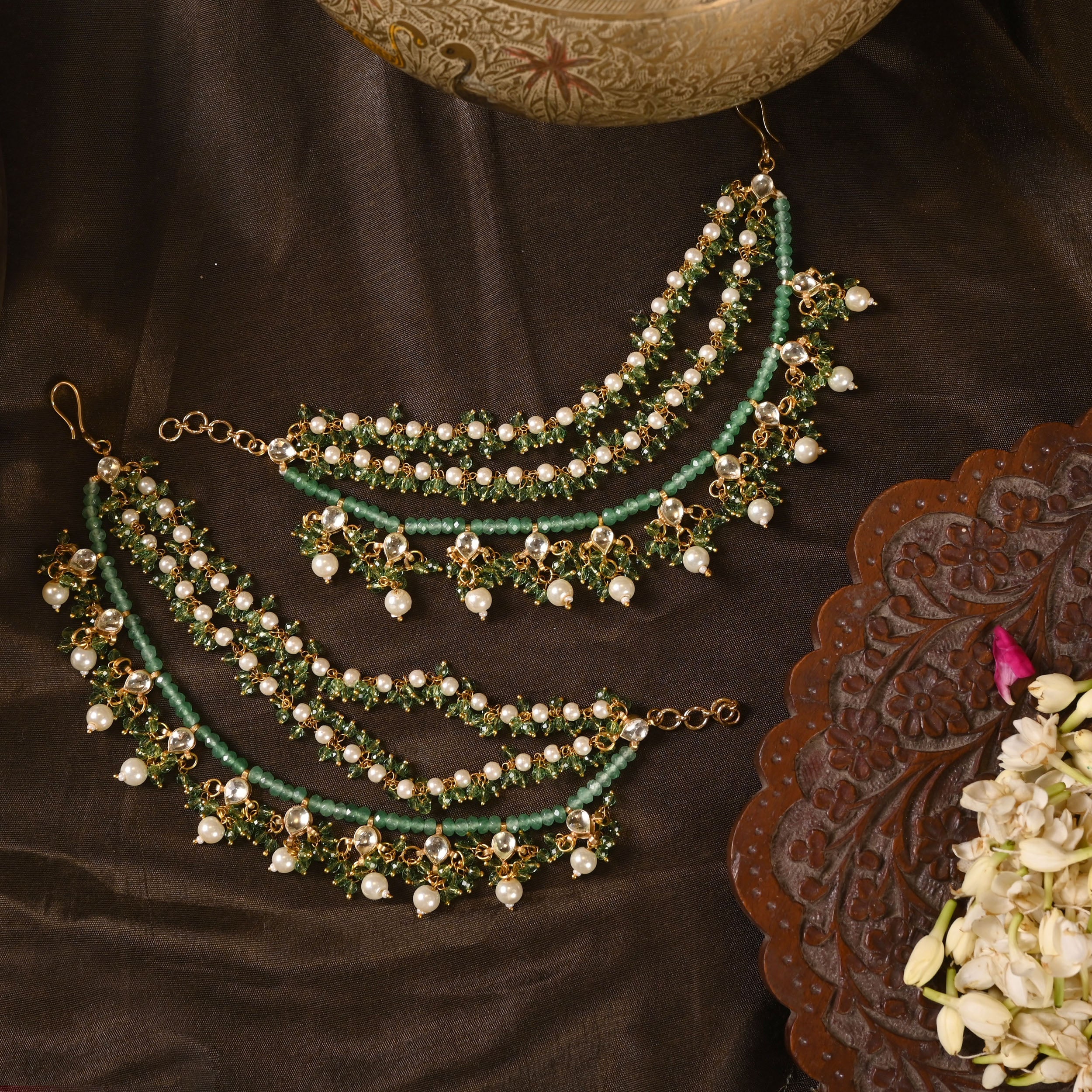 SJKC0003- Green and White Colour Gold Plated Jadau Kundan kanchain