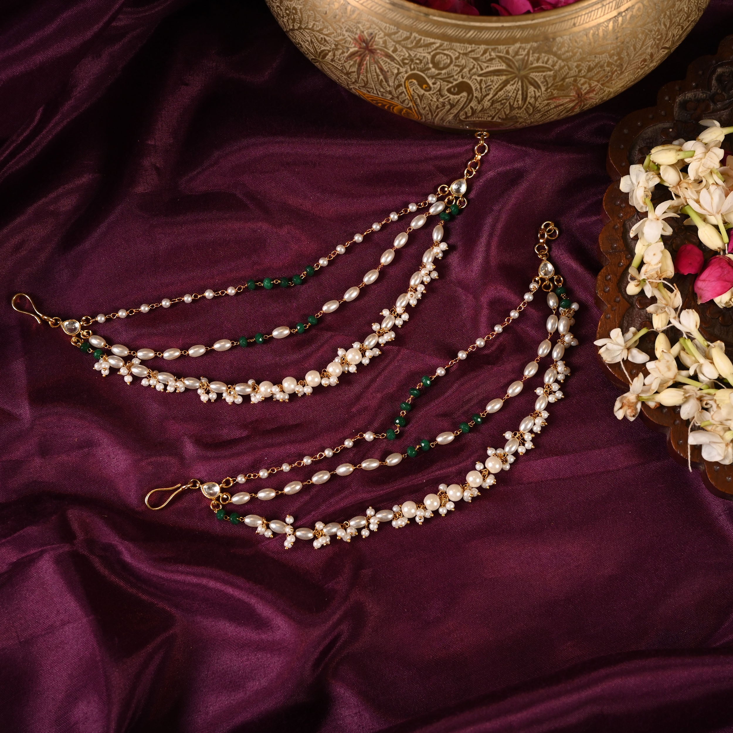 SJKC0004- White and Green Colour Gold Plated Jadau Kundan kanchain