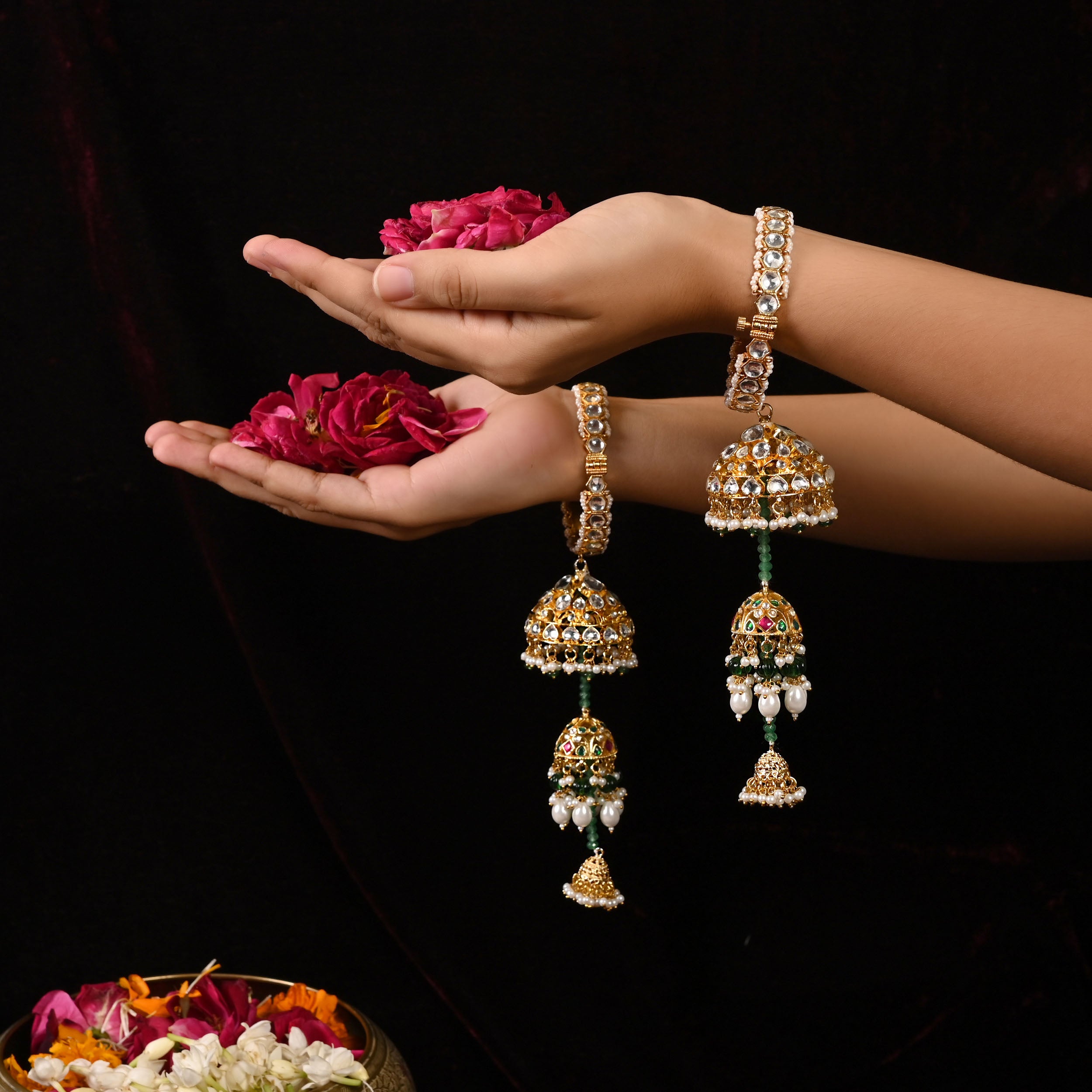 SJKR0001- Green and White Colour Gold Plated Jadau Kundan Kaleera With Bangle